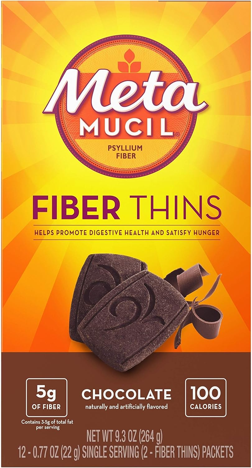 Chocolate Flavored Metamucil Fiber Thins - Digestive Health Support with Psyllium Husk Fiber Supplement, Satisfy Hunger - 12 Servings