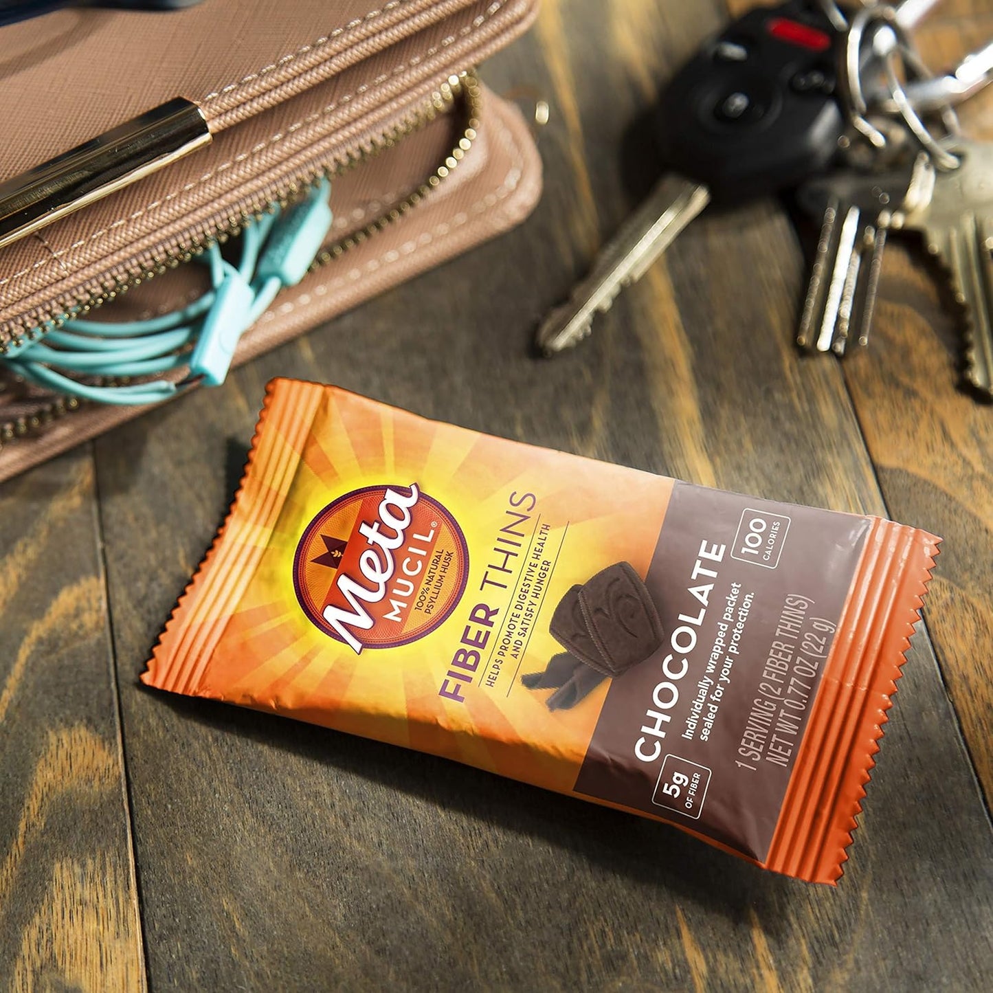 Chocolate Flavored Metamucil Fiber Thins - Digestive Health Support with Psyllium Husk Fiber Supplement, Satisfy Hunger - 12 Servings