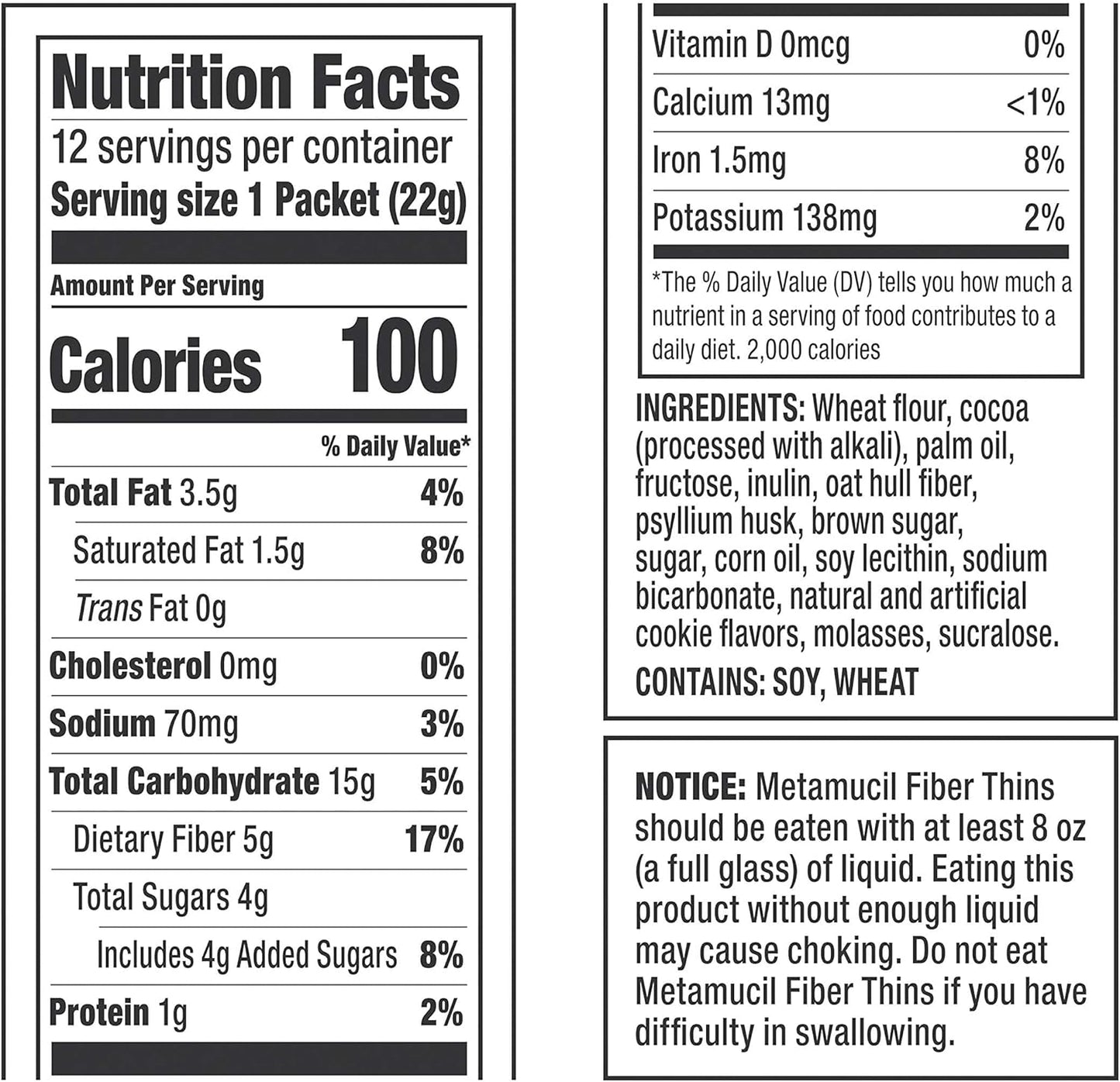 Chocolate Flavored Metamucil Fiber Thins - Digestive Health Support with Psyllium Husk Fiber Supplement, Satisfy Hunger - 12 Servings