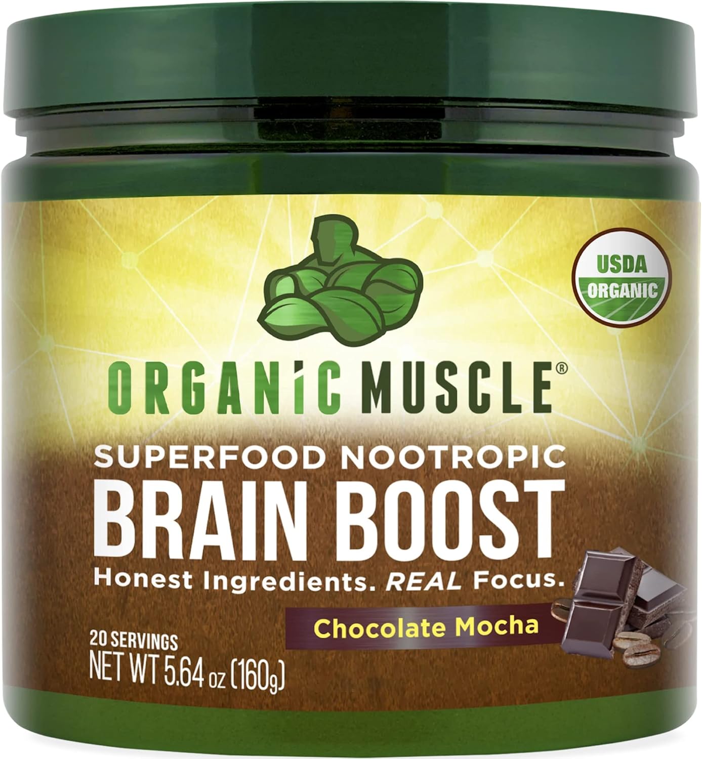 Chocolate Flavored Organic Nootropic Blend for Focus, Memory, and Productivity - Vegan Superfood Supplement with Ashwagandha, Ginkgo, and Ginseng - 20 Servings