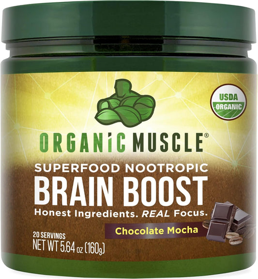Chocolate Flavored Organic Nootropic Blend for Focus, Memory, and Productivity - Vegan Superfood Supplement with Ashwagandha, Ginkgo, and Ginseng - 20 Servings