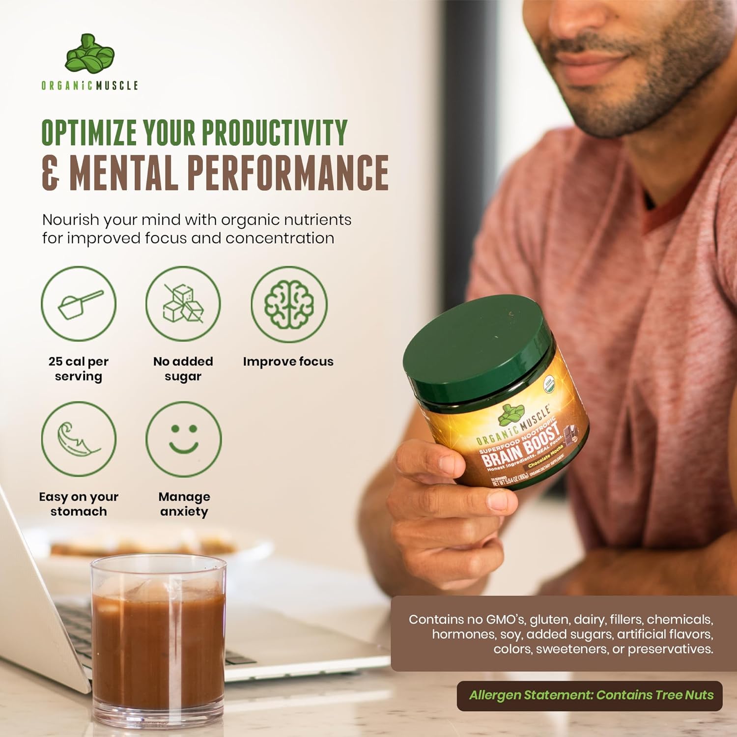 Chocolate Flavored Organic Nootropic Blend for Focus, Memory, and Productivity - Vegan Superfood Supplement with Ashwagandha, Ginkgo, and Ginseng - 20 Servings