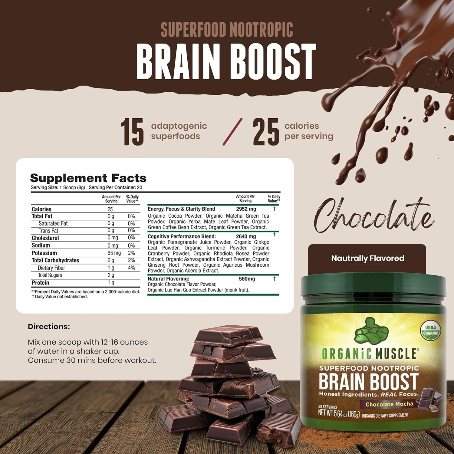 Chocolate Flavored Organic Nootropic Blend for Focus, Memory, and Productivity - Vegan Superfood Supplement with Ashwagandha, Ginkgo, and Ginseng - 20 Servings