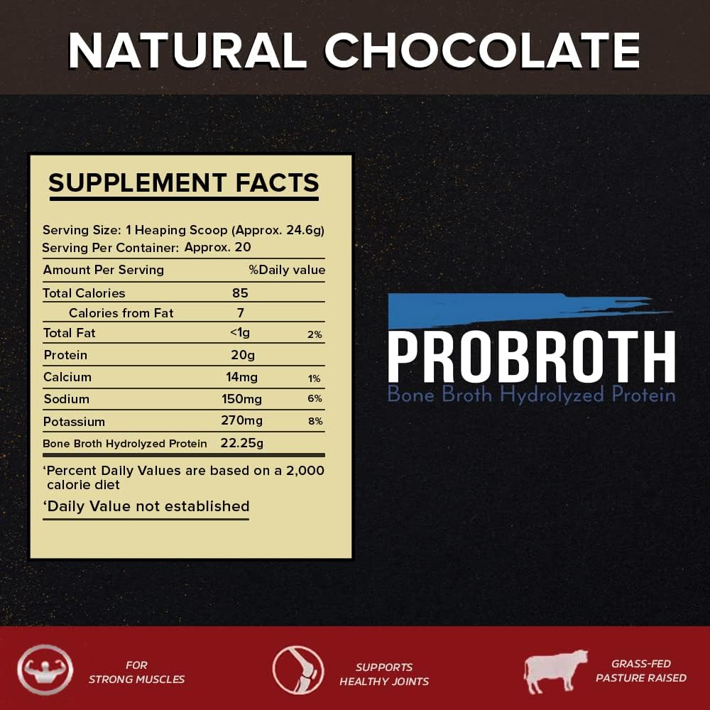 Chocolate Flavored Sugar-Free Bone Broth Hydrolyzed Protein Powder - Great for Men and Women, 20 Servings