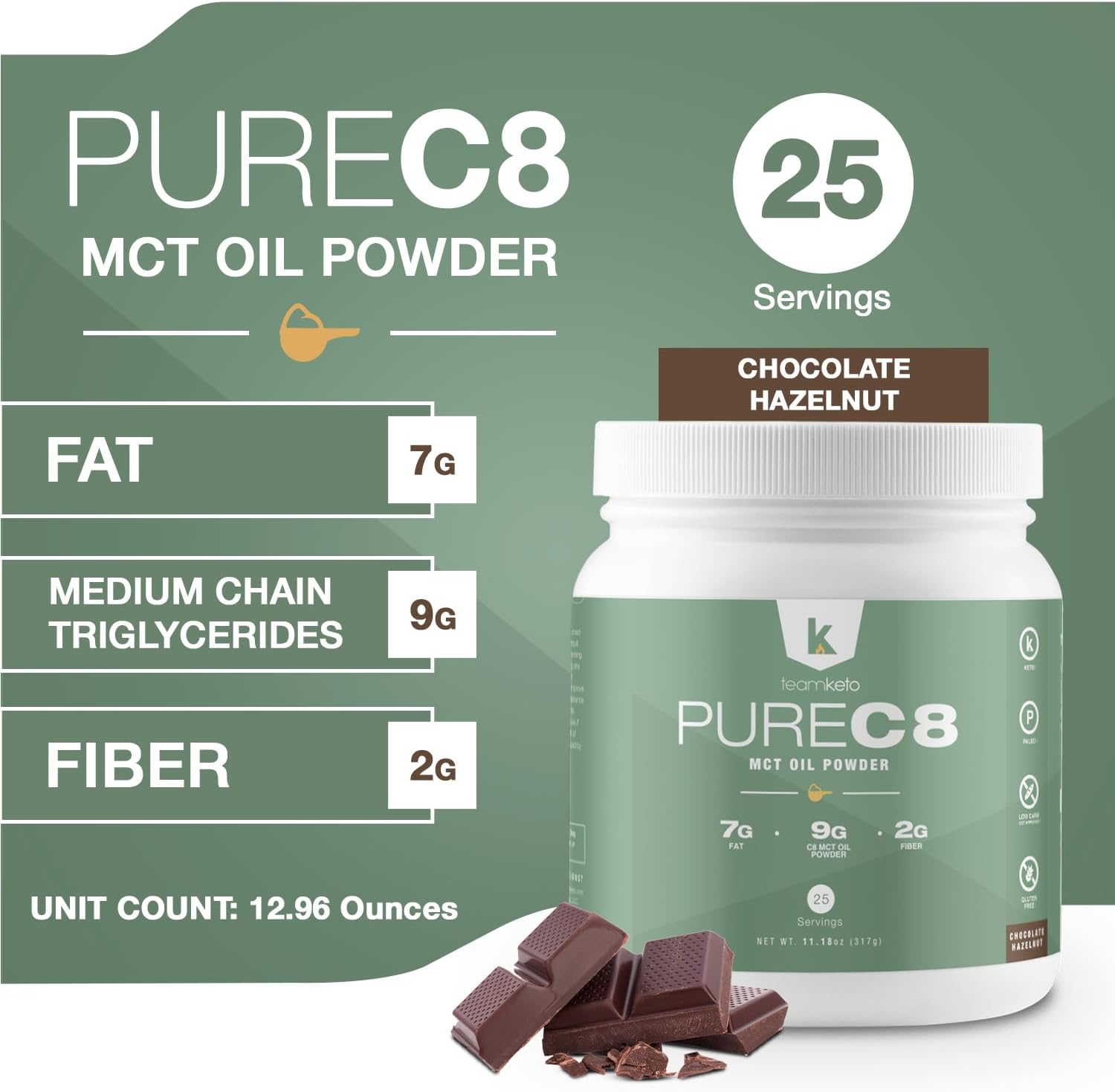Chocolate Hazelnut TeamKeto C8 MCT Oil Powder - Vegan & Gluten-Free Coffee Creamer - Ideal for Tea, Coffee, and Shakes - 270g