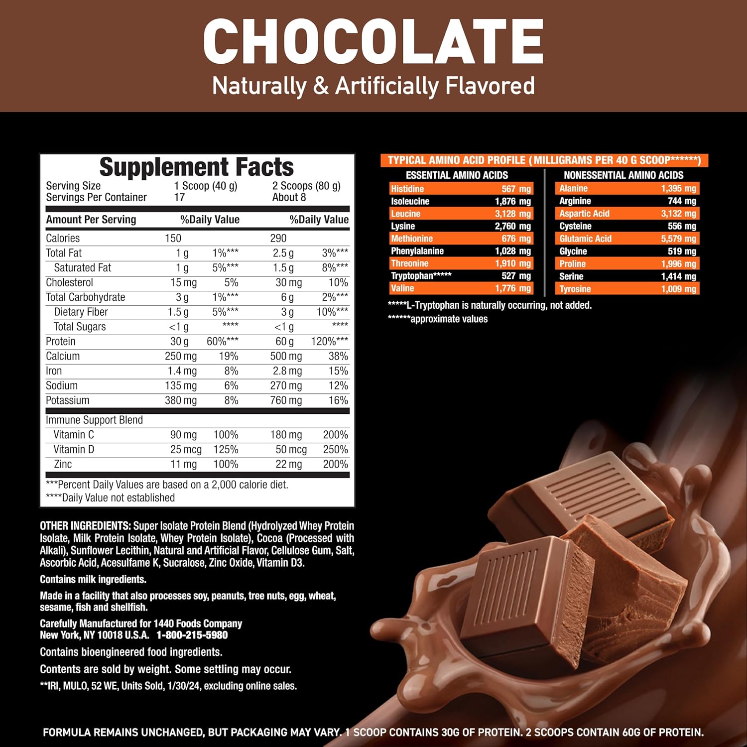 Chocolate Isolate Protein Powder - Body Fortress Super Advanced, 1.5lbs, Gluten-Free