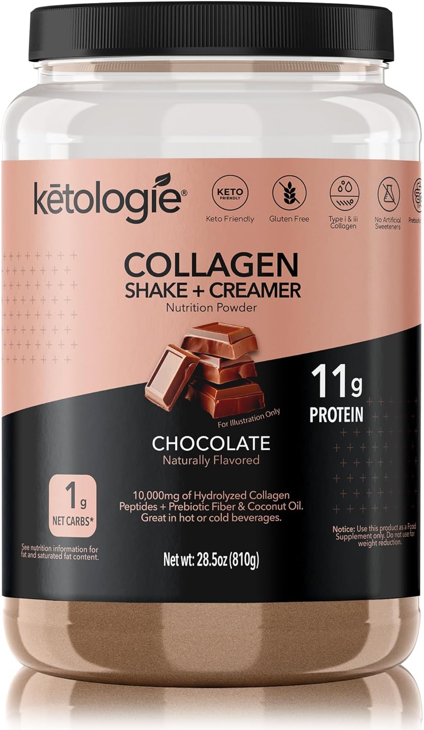 Chocolate Keto Collagen Shake with Coconut Oil, Prebiotics, Grass-Fed Collagen Peptides - Low Carb & Gluten Free 1.78lbs