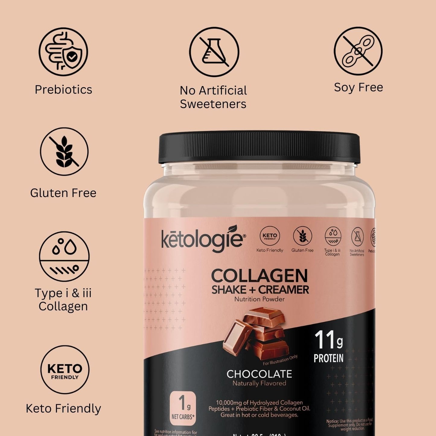 Chocolate Keto Collagen Shake with Coconut Oil, Prebiotics, Grass-Fed Collagen Peptides - Low Carb & Gluten Free 1.78lbs