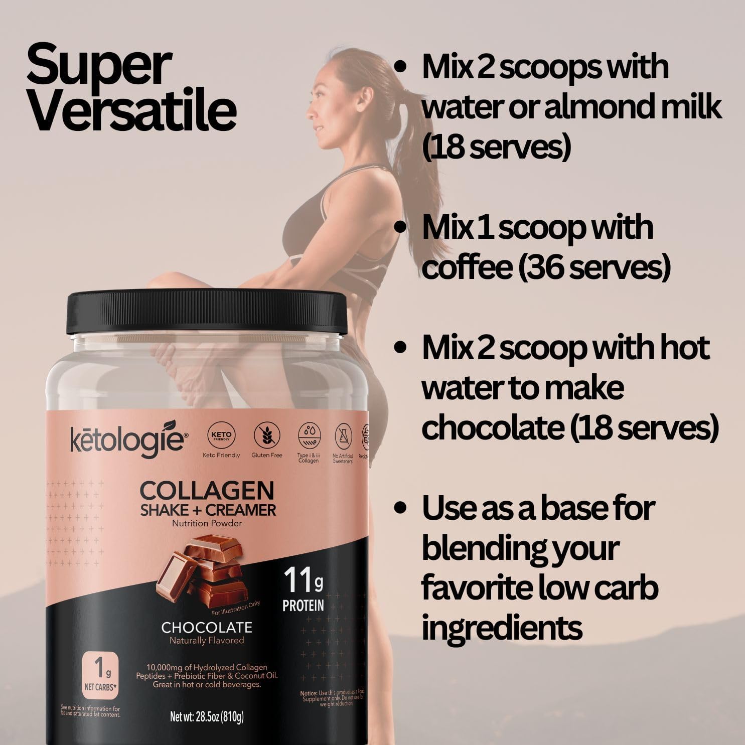 Chocolate Keto Collagen Shake with Coconut Oil, Prebiotics, Grass-Fed Collagen Peptides - Low Carb & Gluten Free 1.78lbs