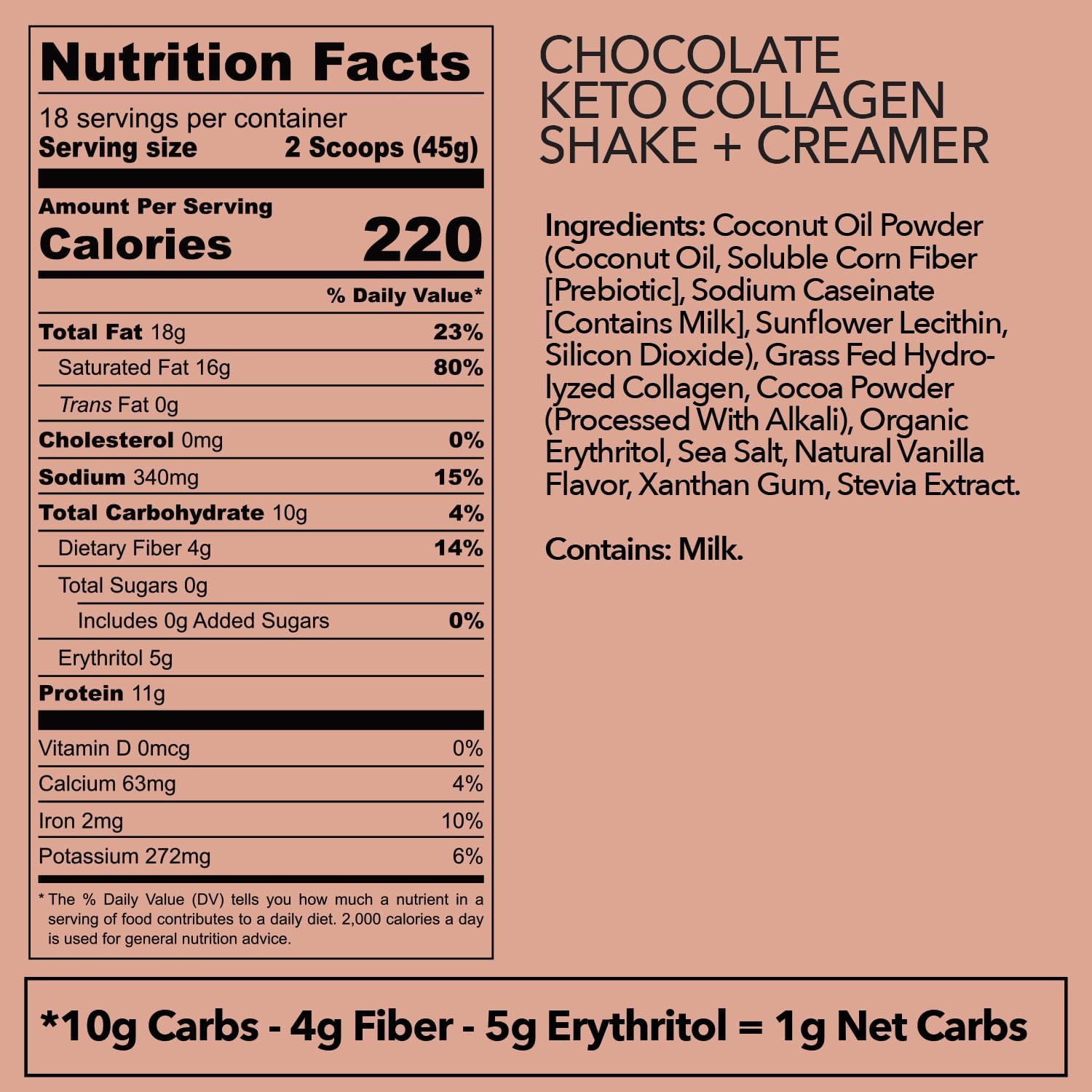 Chocolate Keto Collagen Shake with Coconut Oil, Prebiotics, Grass-Fed Collagen Peptides - Low Carb & Gluten Free 1.78lbs