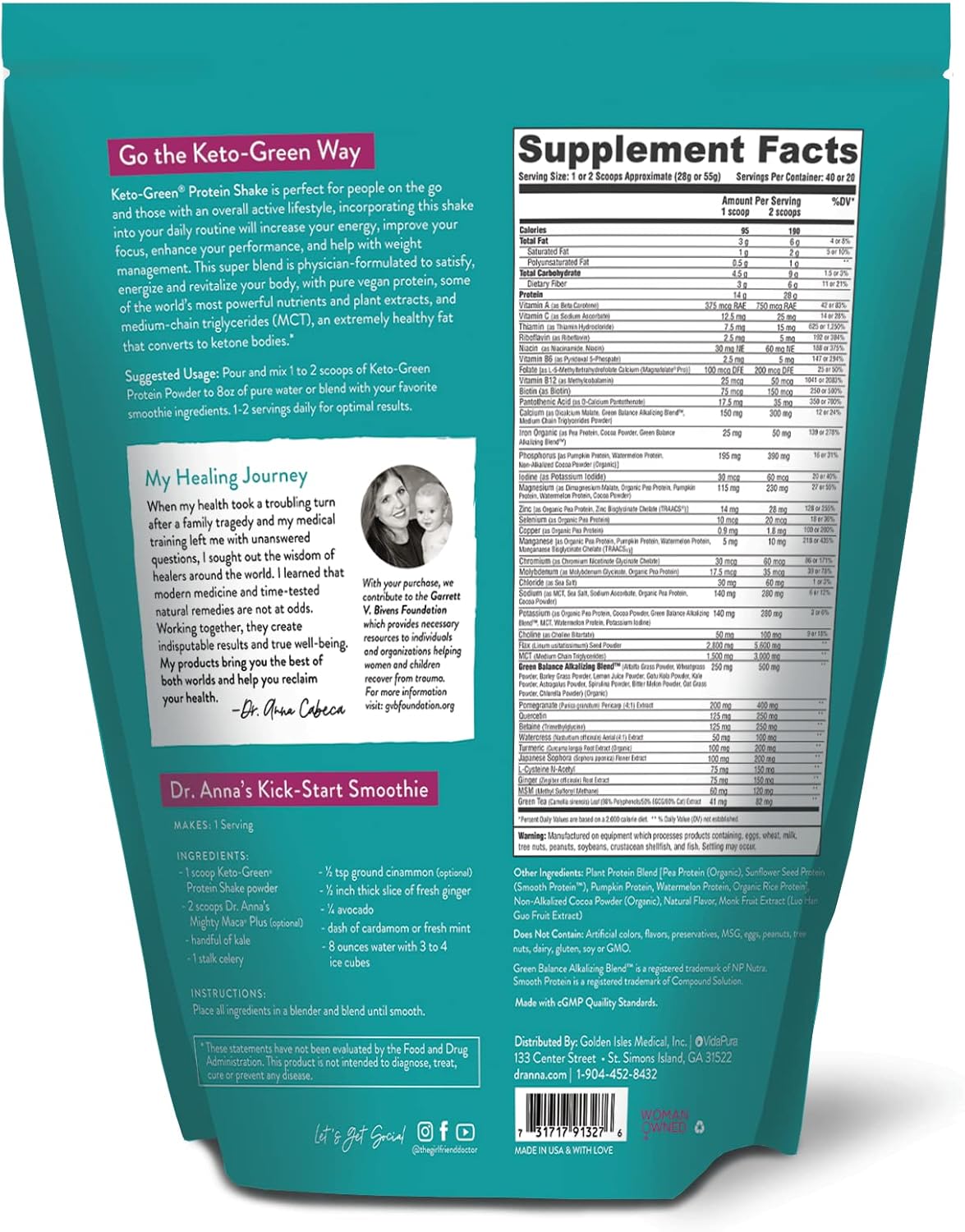 Chocolate Keto Green Protein Shake - Vegan Powder Drink, Supports Gut Health, Natural Detox (40 Servings)