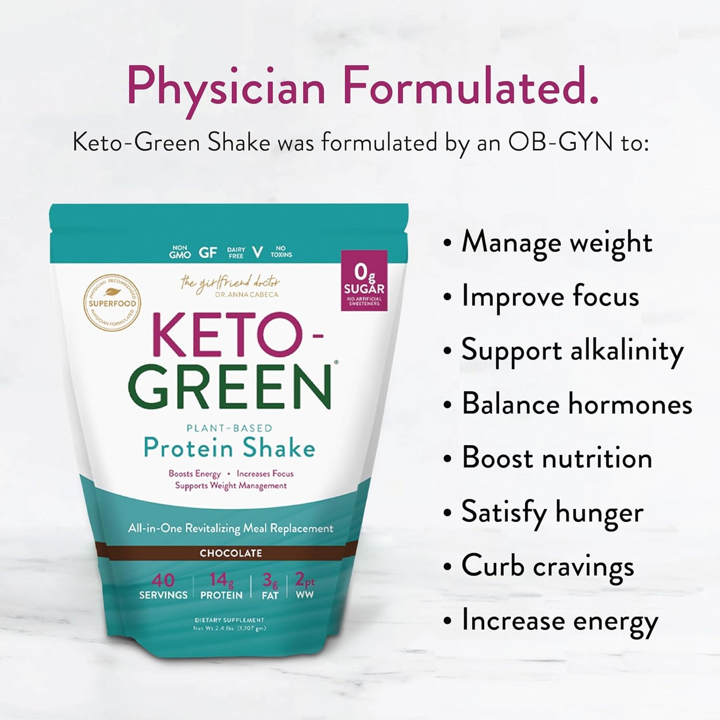 Chocolate Keto Green Protein Shake - Vegan Powder Drink, Supports Gut Health, Natural Detox (40 Servings)
