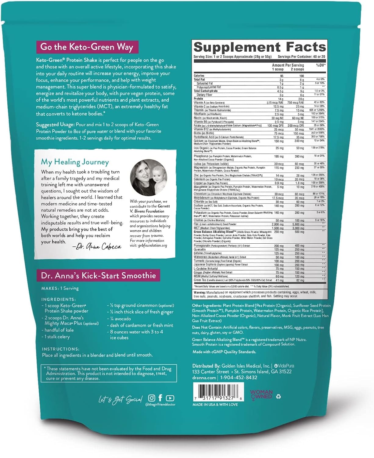 Chocolate Keto Green Protein Shake - Vegan Powder Drink, Supports Gut Health, Natural Detox (40 Servings)