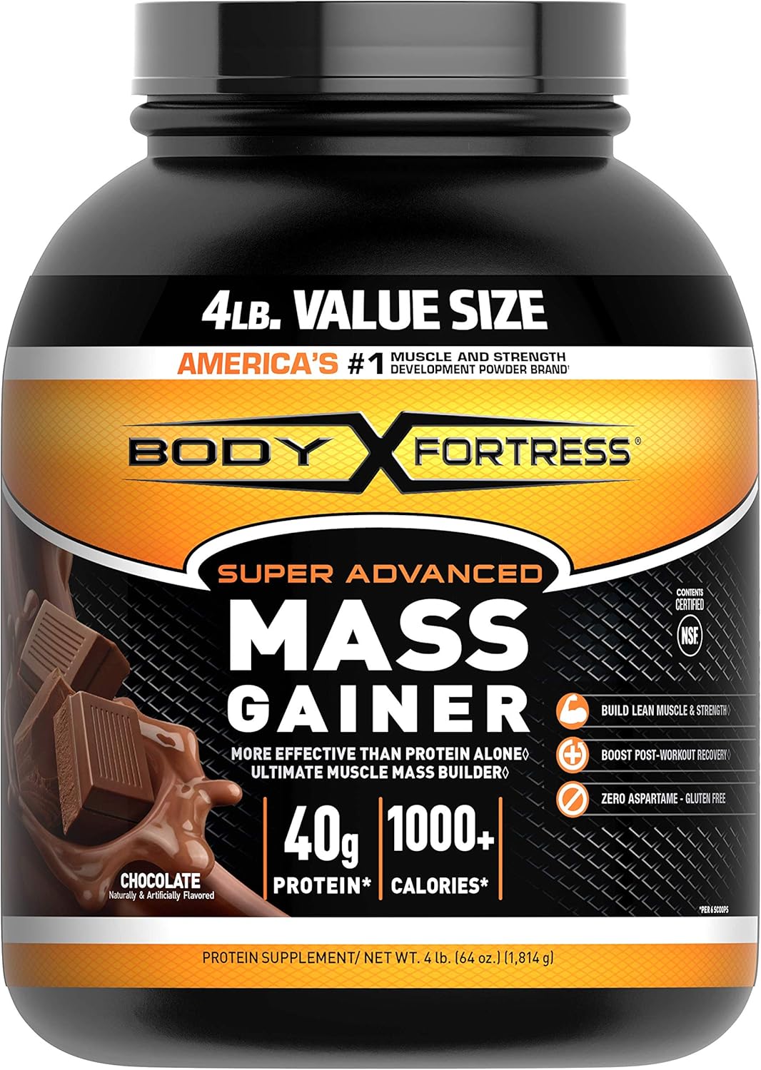Chocolate Mass Gainer Protein Supplement for Muscle Mass Gain - Body Fortress Super Advanced Formula with Extra Calories - 1-4lb Jar