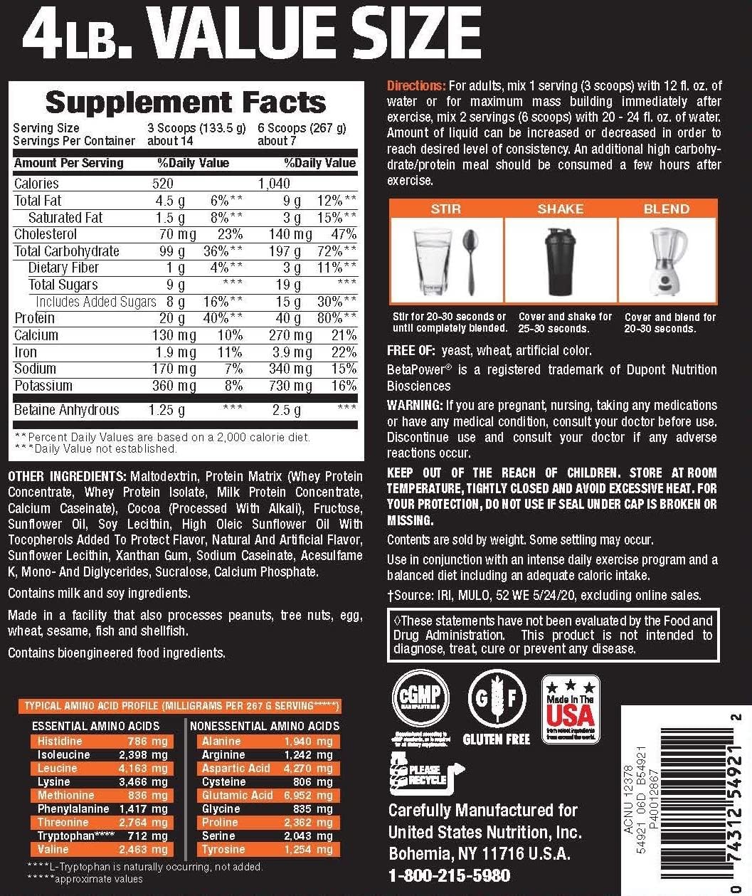Chocolate Mass Gainer Protein Supplement for Muscle Mass Gain - Body Fortress Super Advanced Formula with Extra Calories - 1-4lb Jar