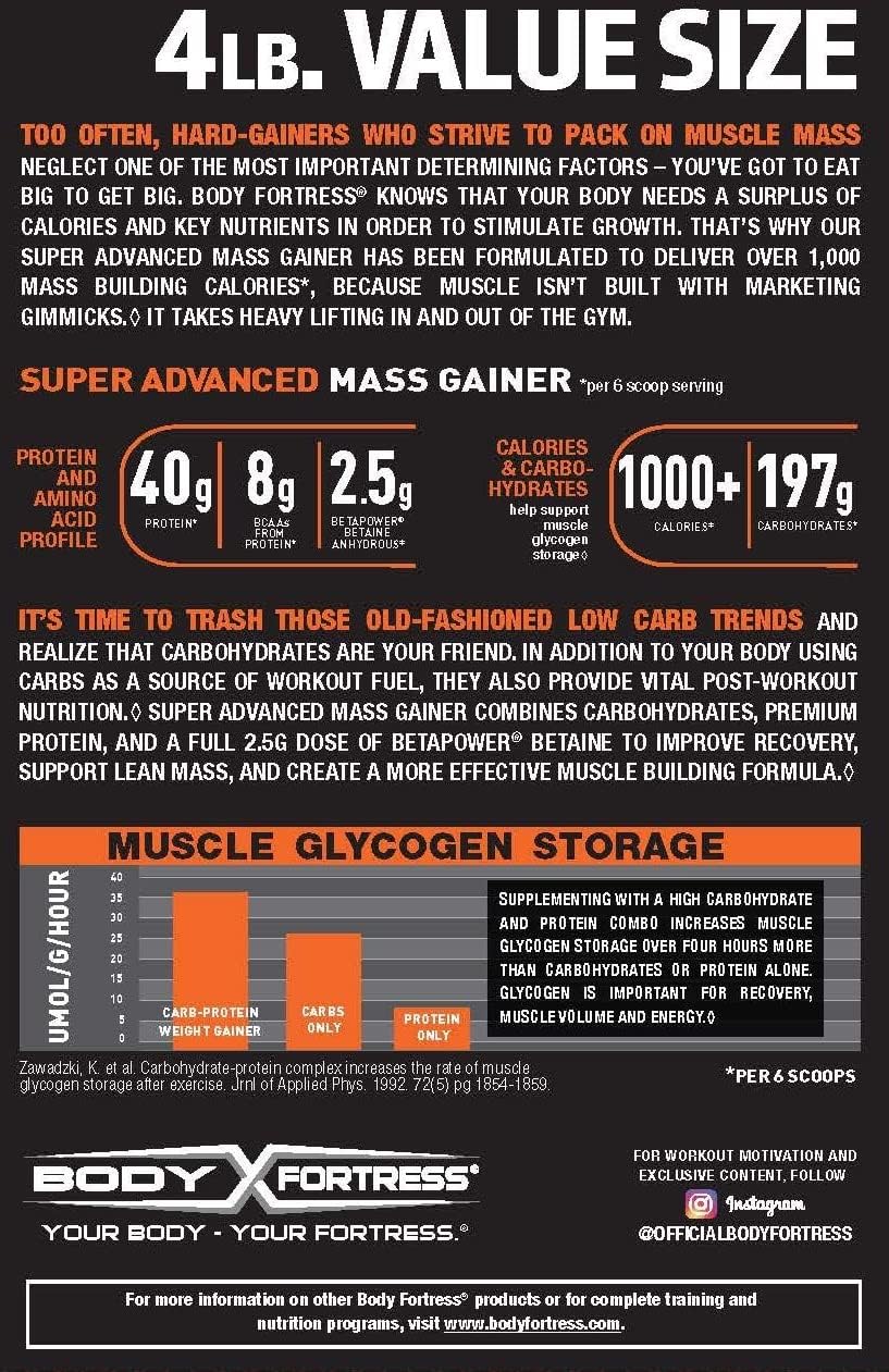 Chocolate Mass Gainer Protein Supplement for Muscle Mass Gain - Body Fortress Super Advanced Formula with Extra Calories - 1-4lb Jar