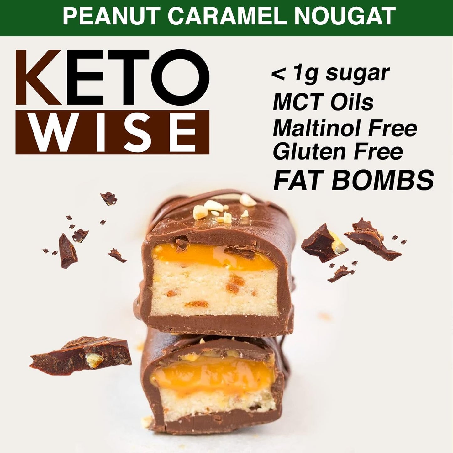 Chocolate MCT Oil Fat Bombs - Keto Friendly Low Carb Snack - Peanut Caramel Nougat, 16 Pack