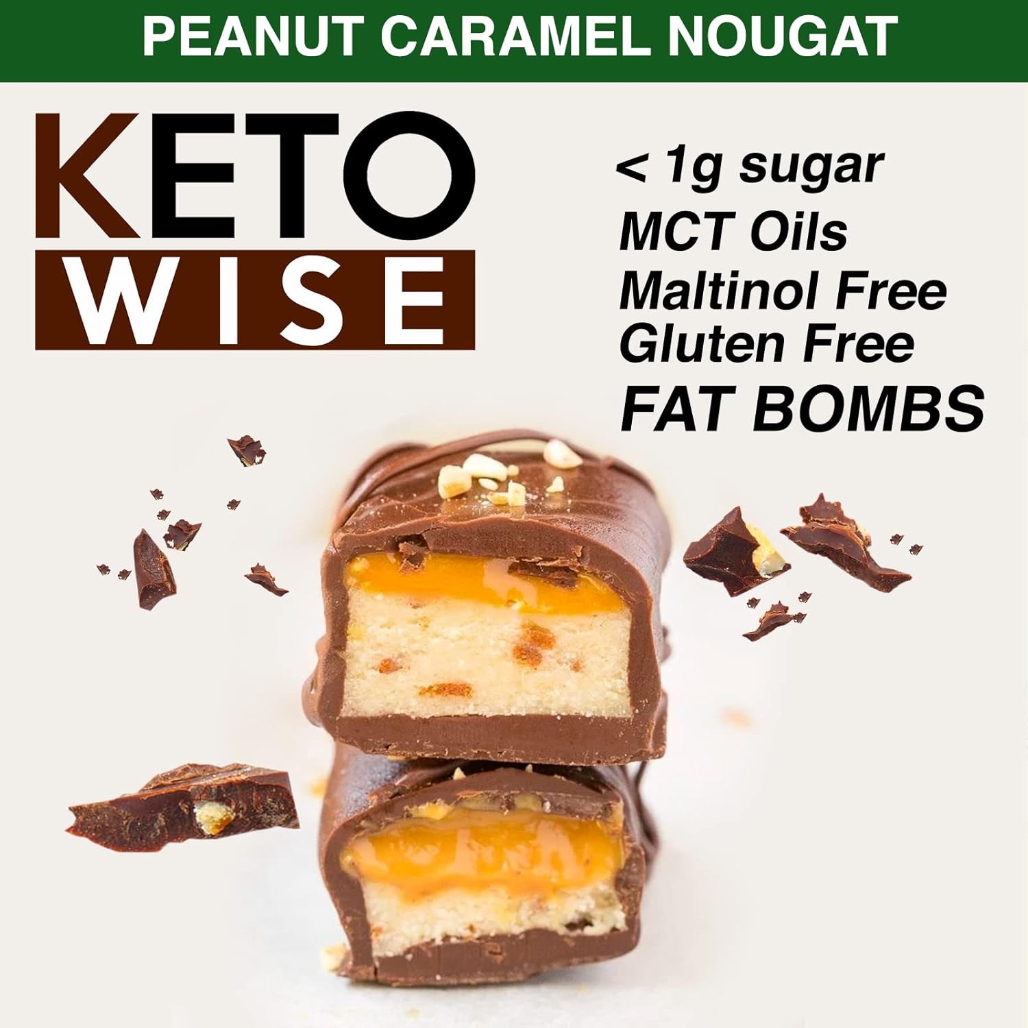 Chocolate MCT Oil Fat Bombs - Keto Friendly Low Carb Snack - Peanut Caramel Nougat, 16 Pack