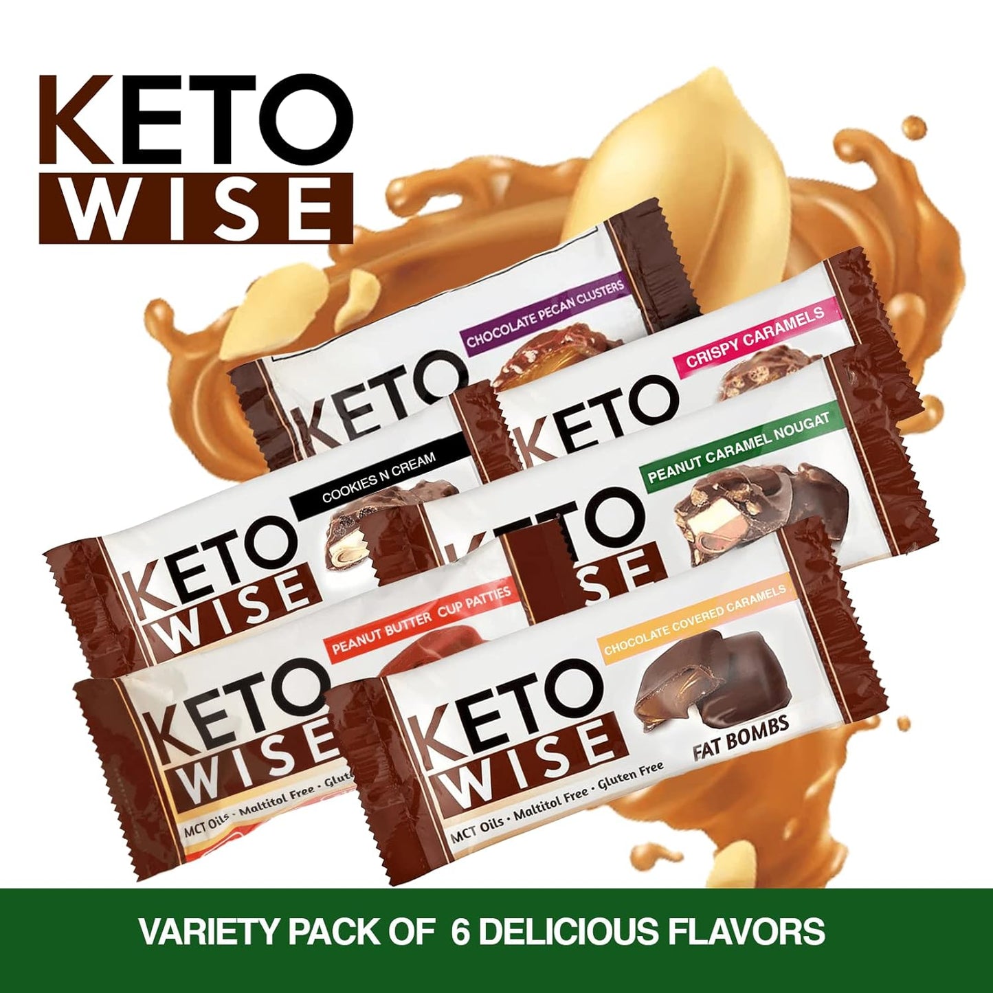 Chocolate MCT Oil Fat Bombs - Keto Friendly Low Carb Snack - Peanut Caramel Nougat, 16 Pack