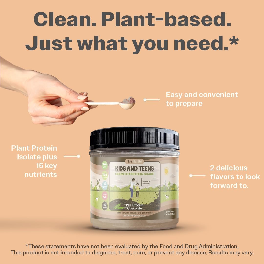 Chocolate Milk Flavored TruHeight Growth Protein Shake for Kids & Teens - Plant-Based Natural Protein Powder for Healthy Growth & Development - Pediatrician Approved - Vitamins & Minerals for Ages 5+