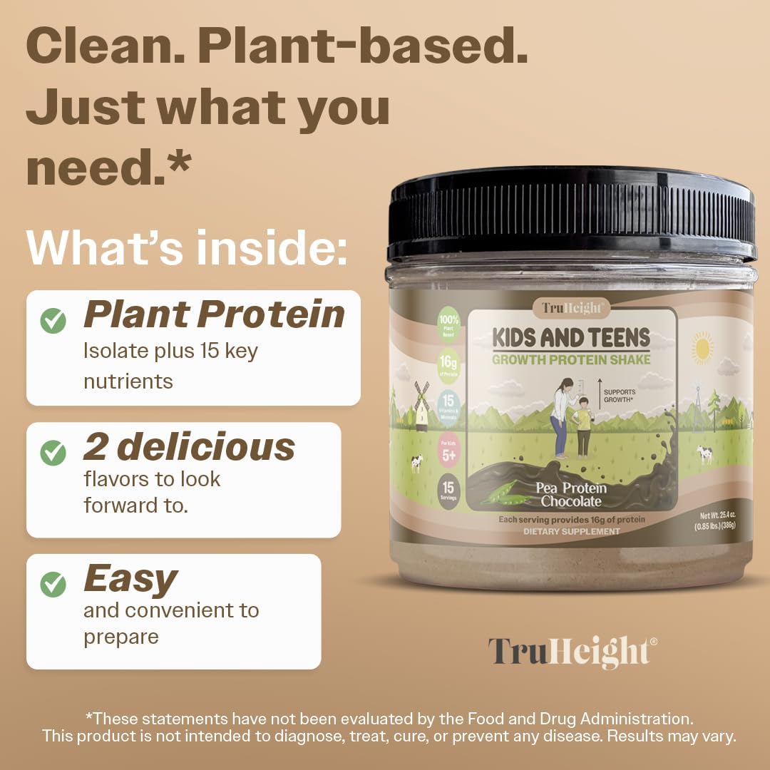Chocolate Milk Flavored TruHeight Growth Protein Shake for Kids & Teens - Plant-Based Natural Protein Powder for Healthy Growth & Development - Pediatrician Approved - Vitamins & Minerals for Ages 5+