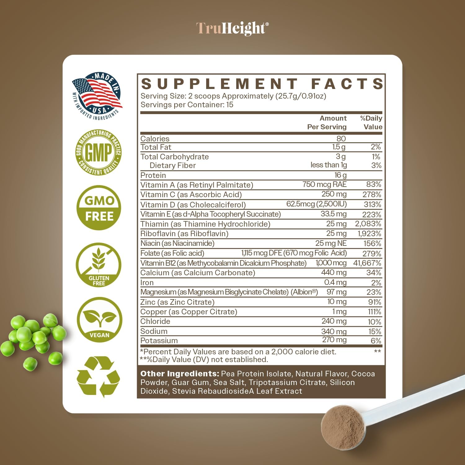 Chocolate Milk Flavored TruHeight Growth Protein Shake for Kids & Teens - Plant-Based Natural Protein Powder for Healthy Growth & Development - Pediatrician Approved - Vitamins & Minerals for Ages 5+