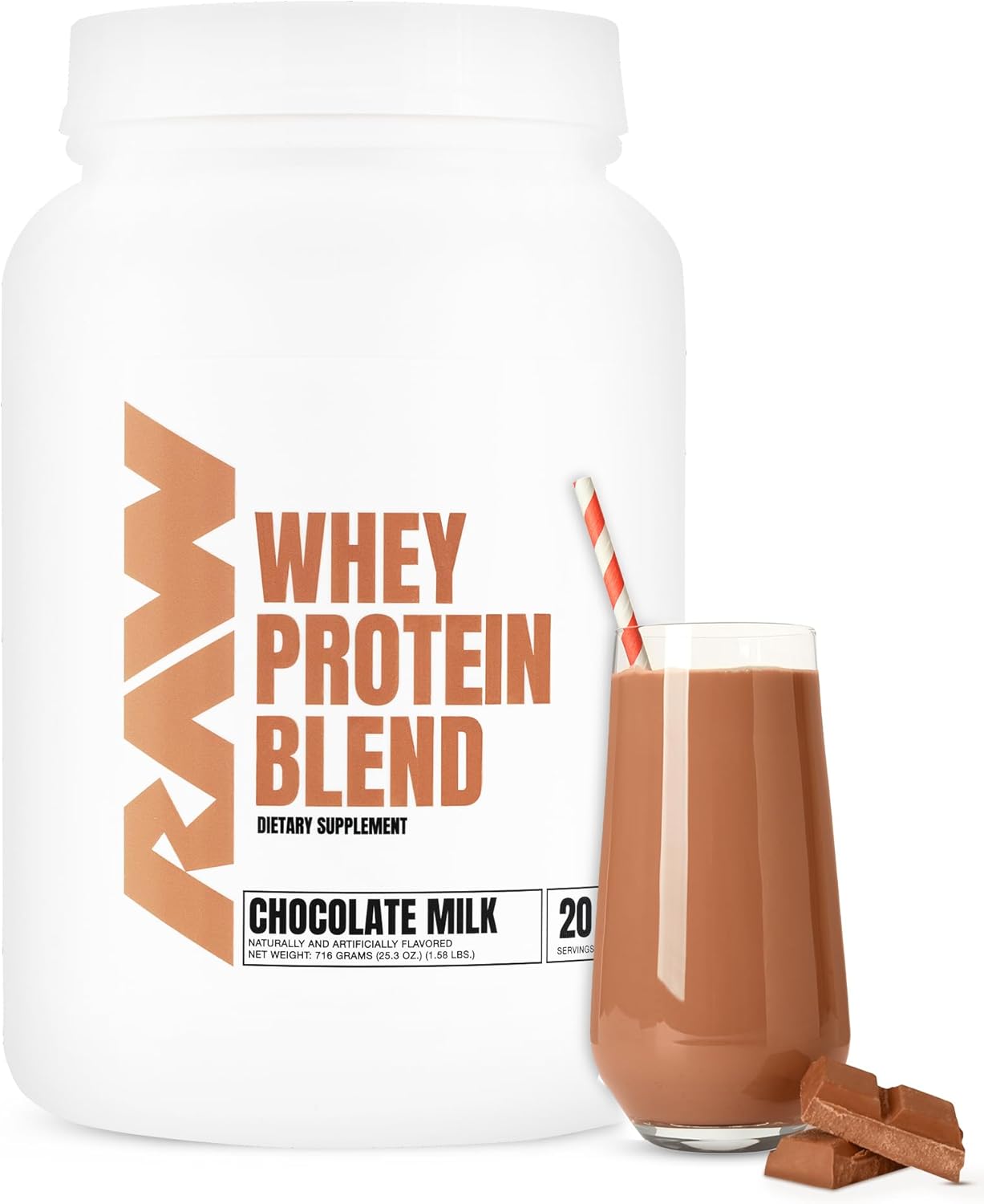 Chocolate Milk RAW Whey Protein Powder Blend - Grass-Fed Isolate for Muscle Growth & Recovery - Pre & Post Workout Nutrition (20 Servings)