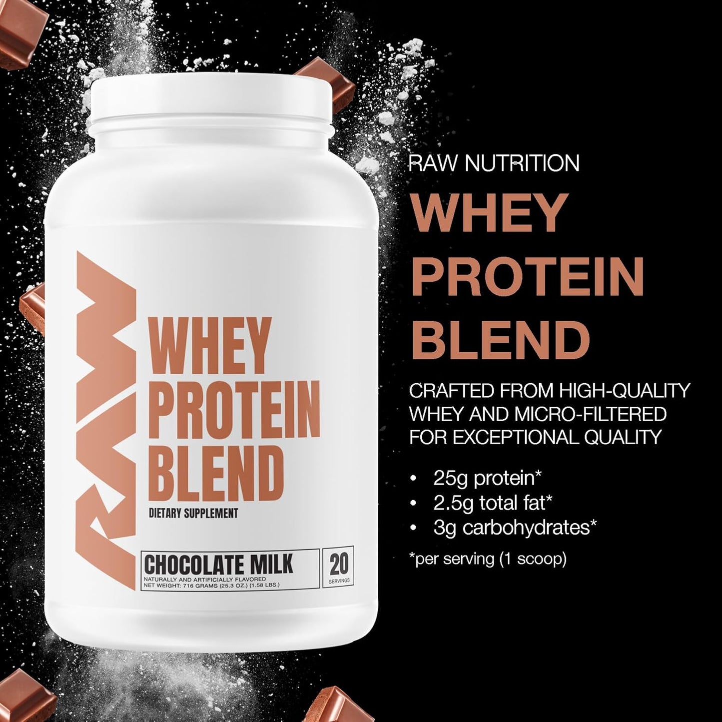 Chocolate Milk RAW Whey Protein Powder Blend - Grass-Fed Isolate for Muscle Growth & Recovery - Pre & Post Workout Nutrition (20 Servings)