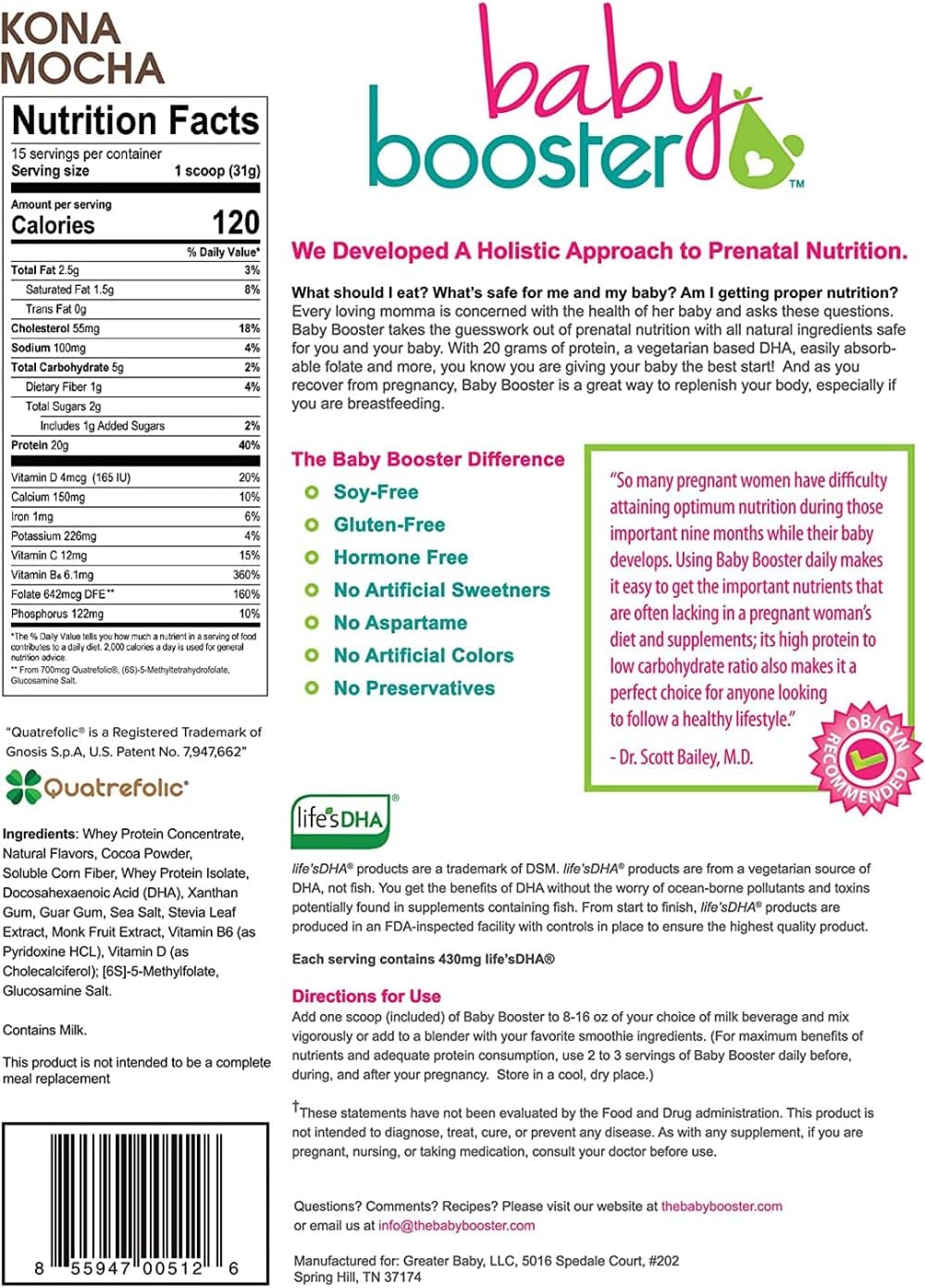 Chocolate Mocha Baby Booster Prenatal Vitamin Protein Shake - Caffeine-Free, Vegetarian DHA, High Protein, B Vitamins - Morning Sickness Relief - 16.4oz