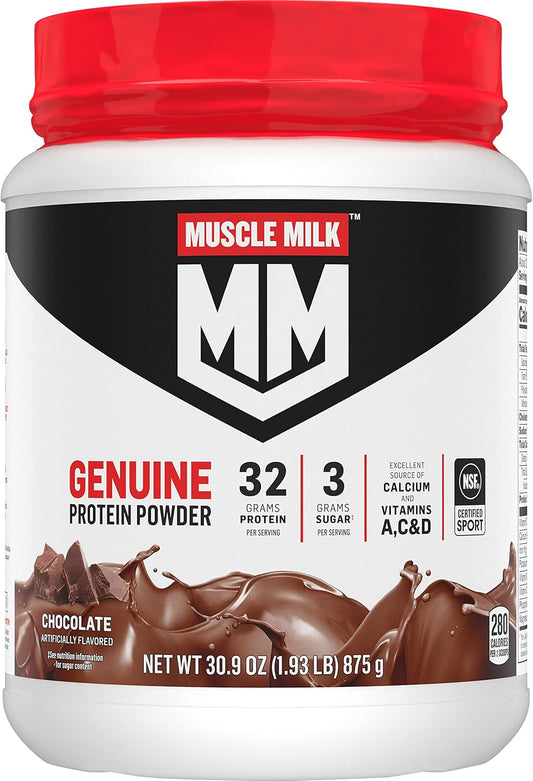 Chocolate Muscle Milk Genuine Protein Powder - 1.93lbs, 12 Servings, 32g Protein, 3g Sugar, with Calcium, Vitamins A, C & D - NSF Certified for Sport, Energizing Snack - Varies Packaging
