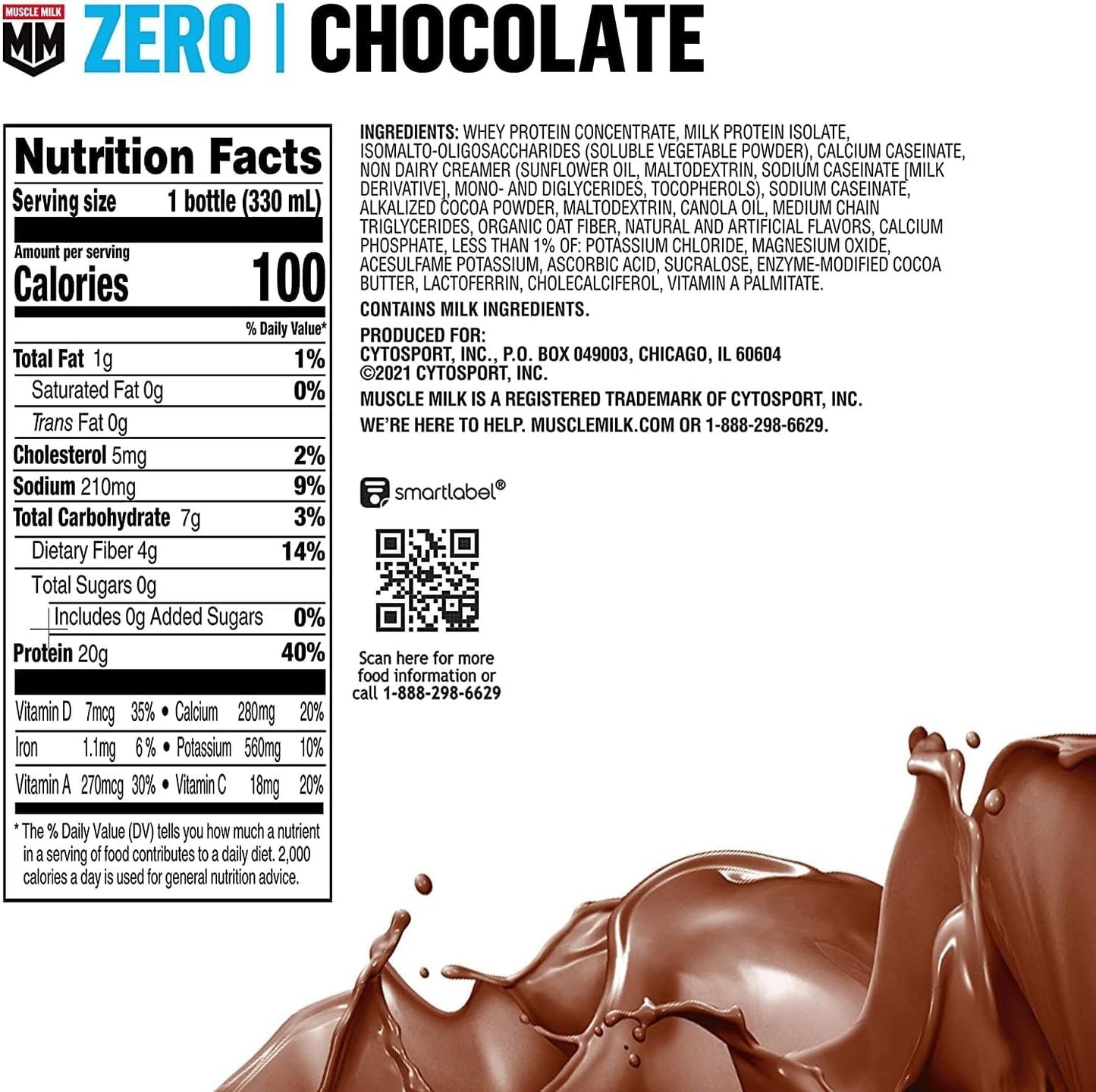 Chocolate Muscle Milk Zero Protein Shake - 20g Protein, Zero Sugar, 100 Calories, Vitamins A, C & D, 4g Fiber - Energizing Snack for Workout Recovery - 11.16 Fl Oz, Pack of 12