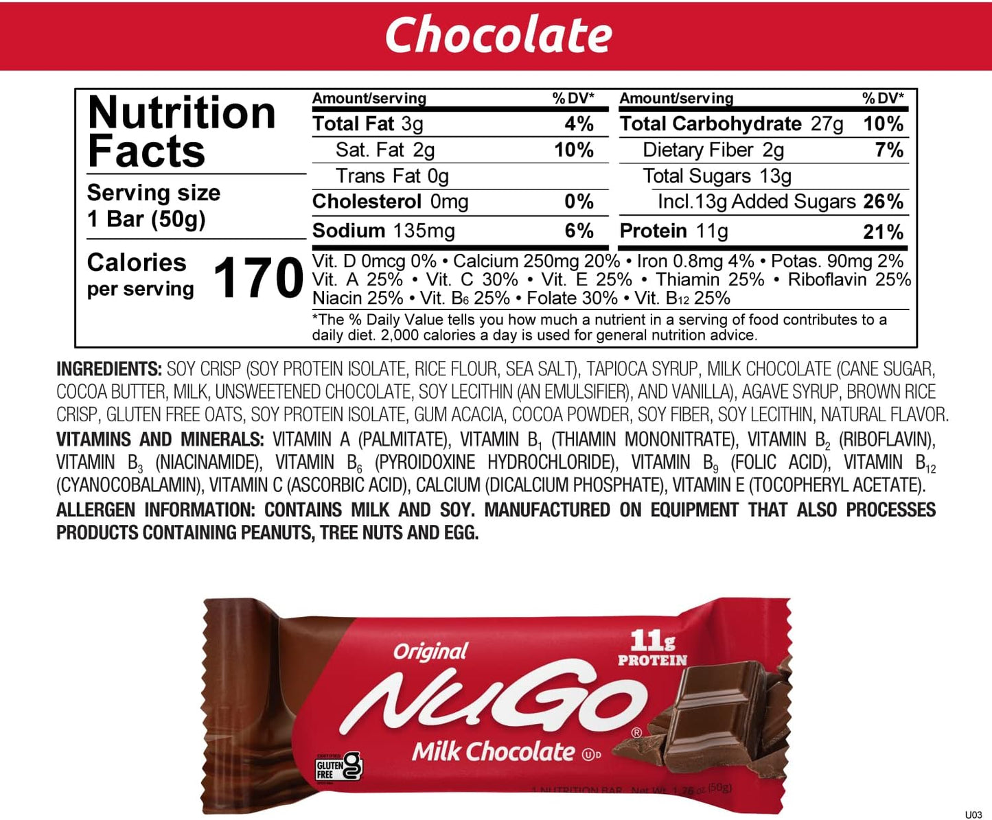 Chocolate NuGo Protein Bars - Gluten Free, 11g Protein per Bar, 15 Bars