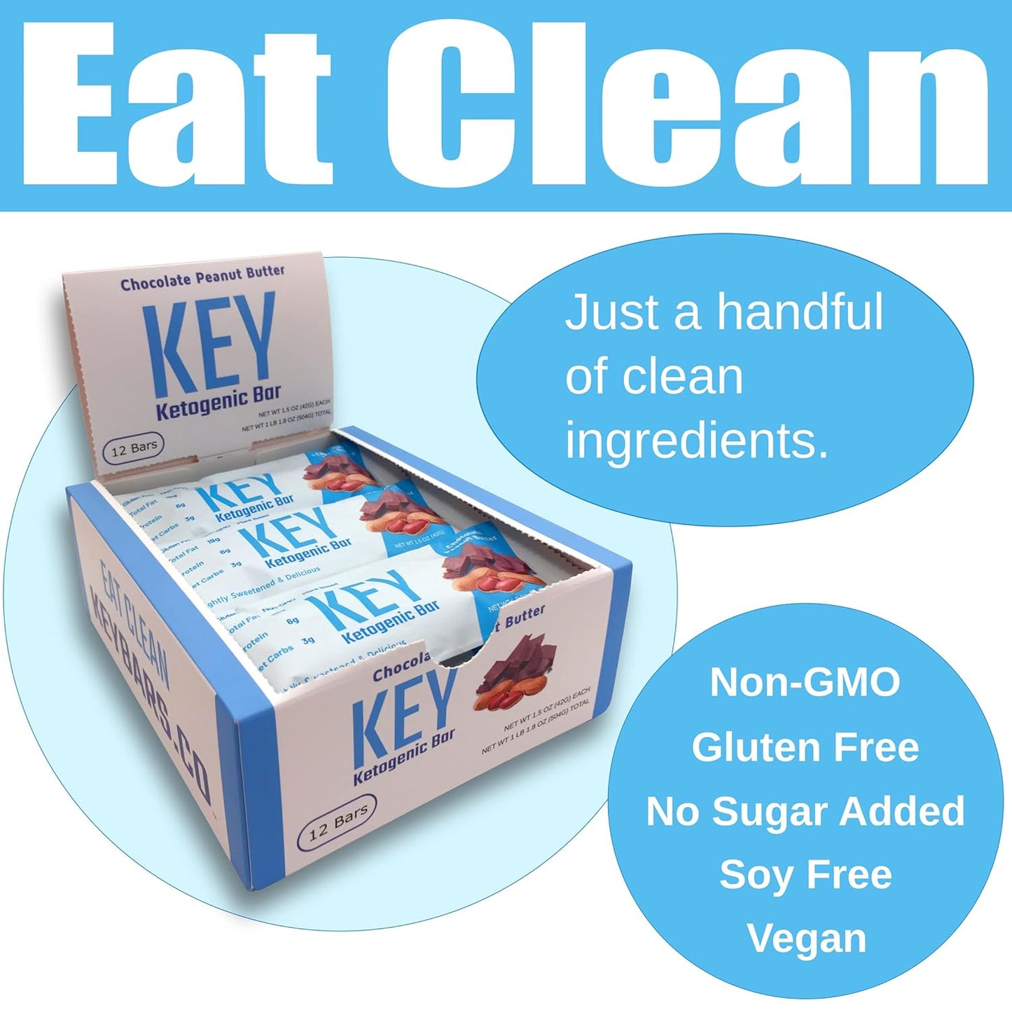 Chocolate Peanut Butter Keto Bars - High Fat, Low Carb Protein Bars for Keto Snacks - 12 Pack KeyBars