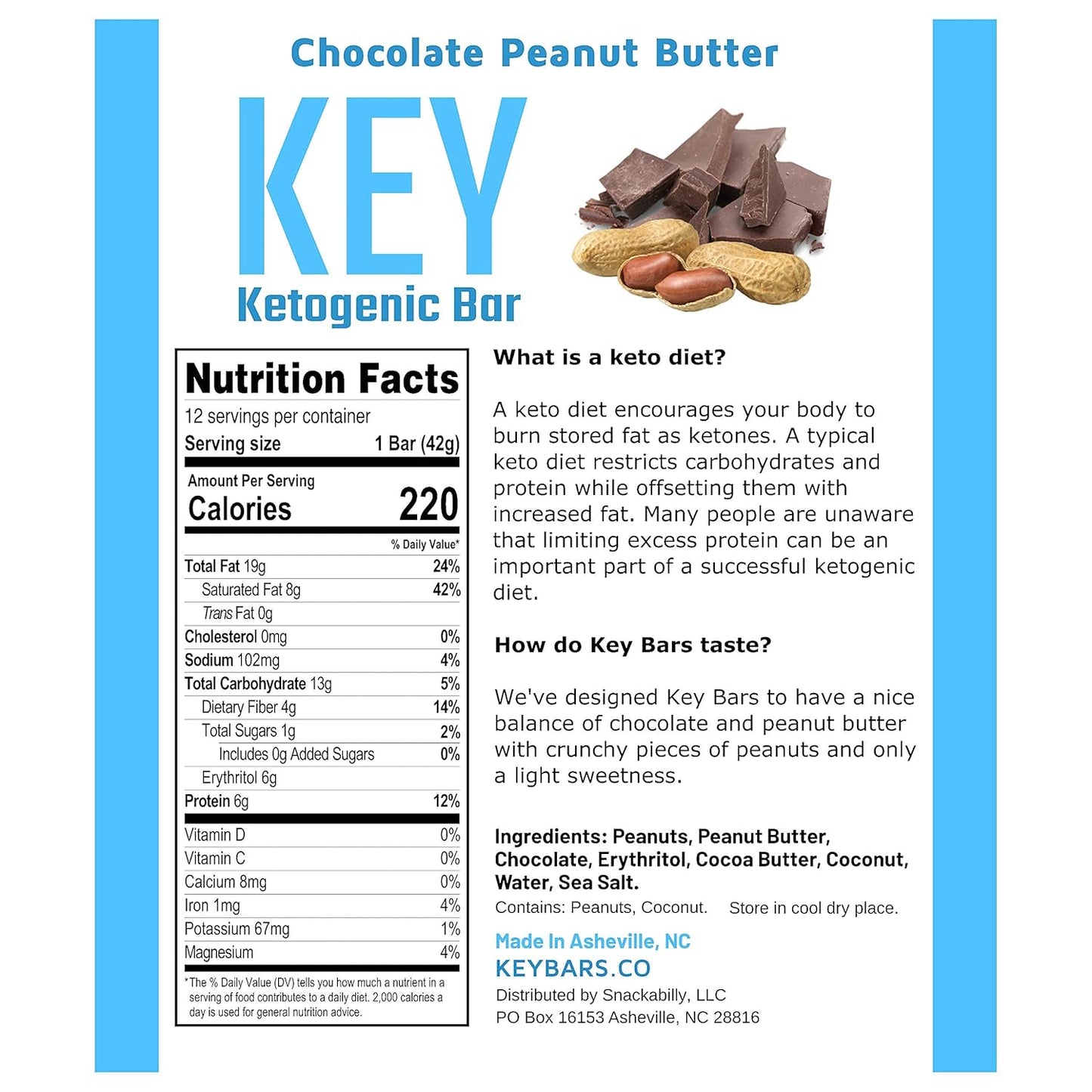 Chocolate Peanut Butter Keto Bars - High Fat, Low Carb Protein Bars for Keto Snacks - 12 Pack KeyBars
