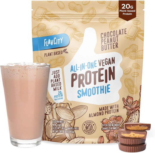 Chocolate Peanut Butter Vegan Protein Powder Smoothie - All-in-One Plant-Based Pre-Workout Shake with 20g Almond Protein for Men & Women - Gluten & Dairy-Free
