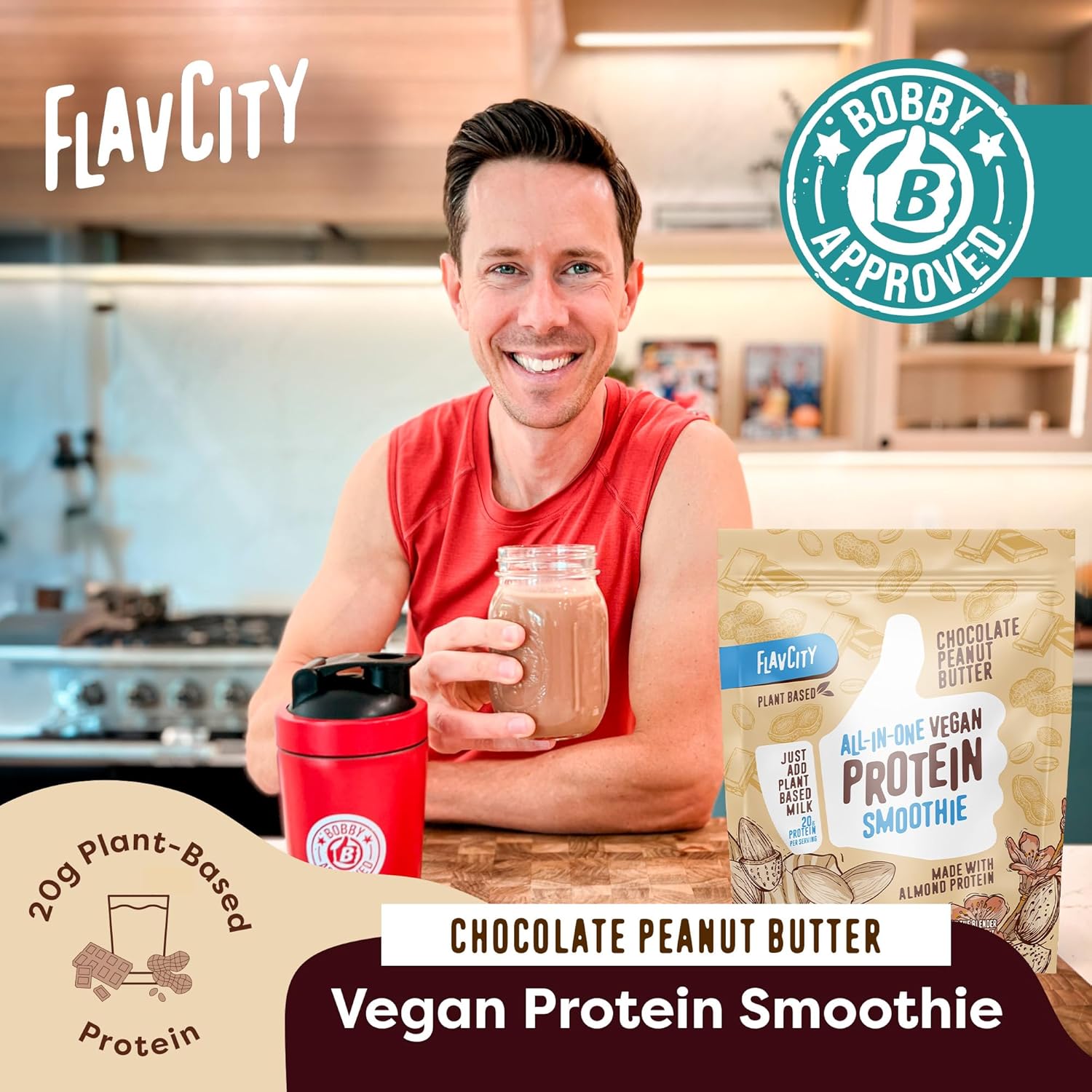 Chocolate Peanut Butter Vegan Protein Powder Smoothie - All-in-One Plant-Based Pre-Workout Shake with 20g Almond Protein for Men & Women - Gluten & Dairy-Free