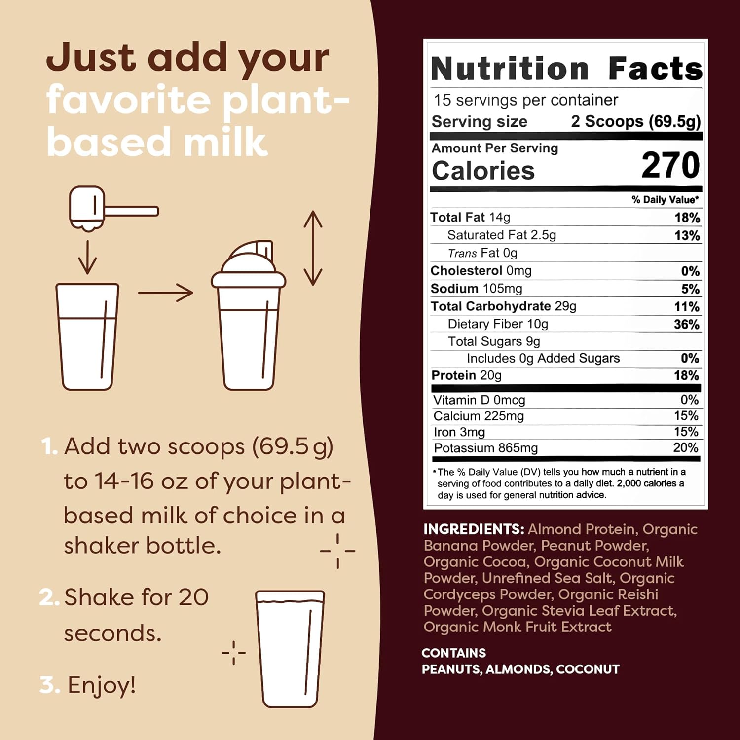 Chocolate Peanut Butter Vegan Protein Powder Smoothie - All-in-One Plant-Based Pre-Workout Shake with 20g Almond Protein for Men & Women - Gluten & Dairy-Free