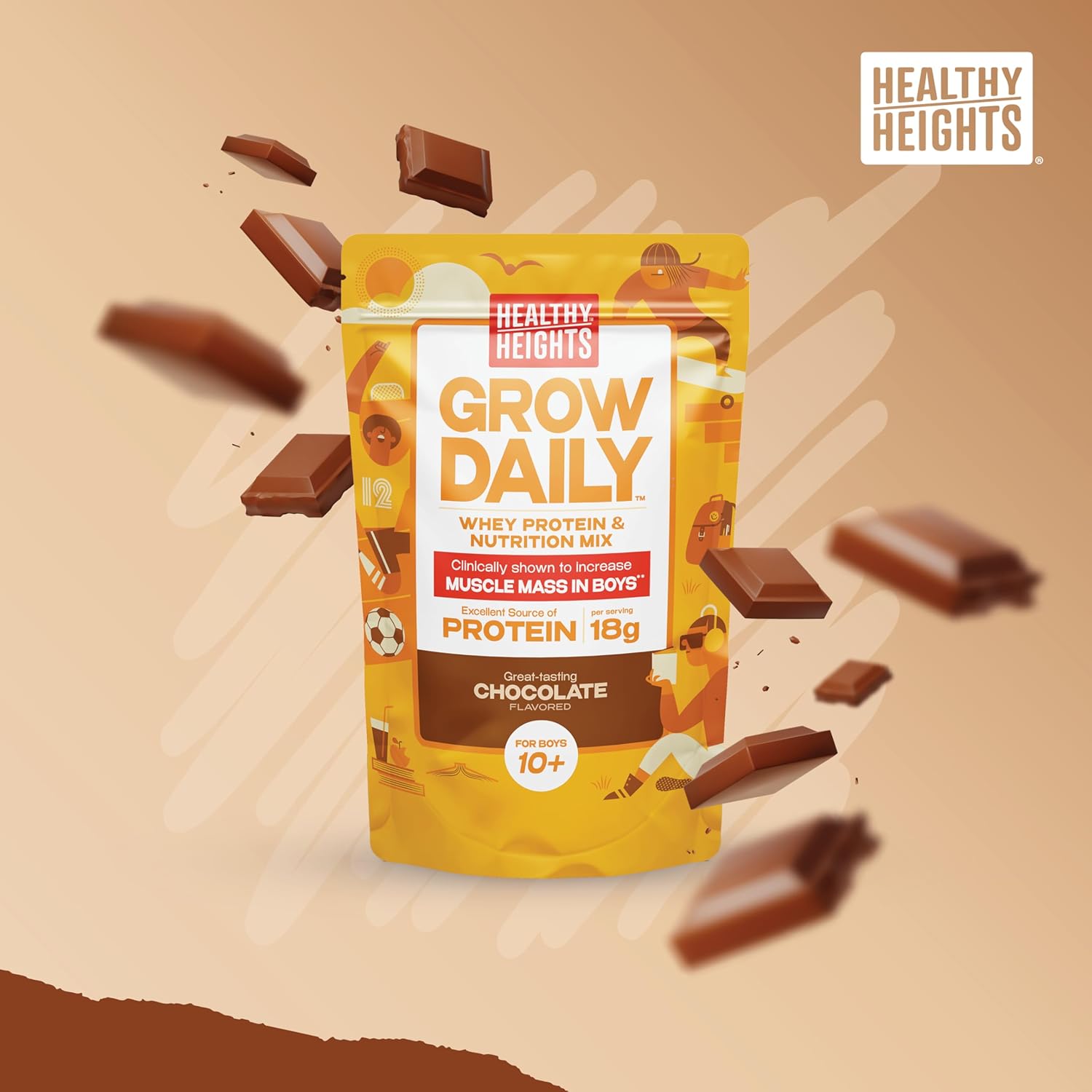 Chocolate Protein Shake for Boys 10+ - Healthy Heights Daily Kids Grow Mix with High Protein