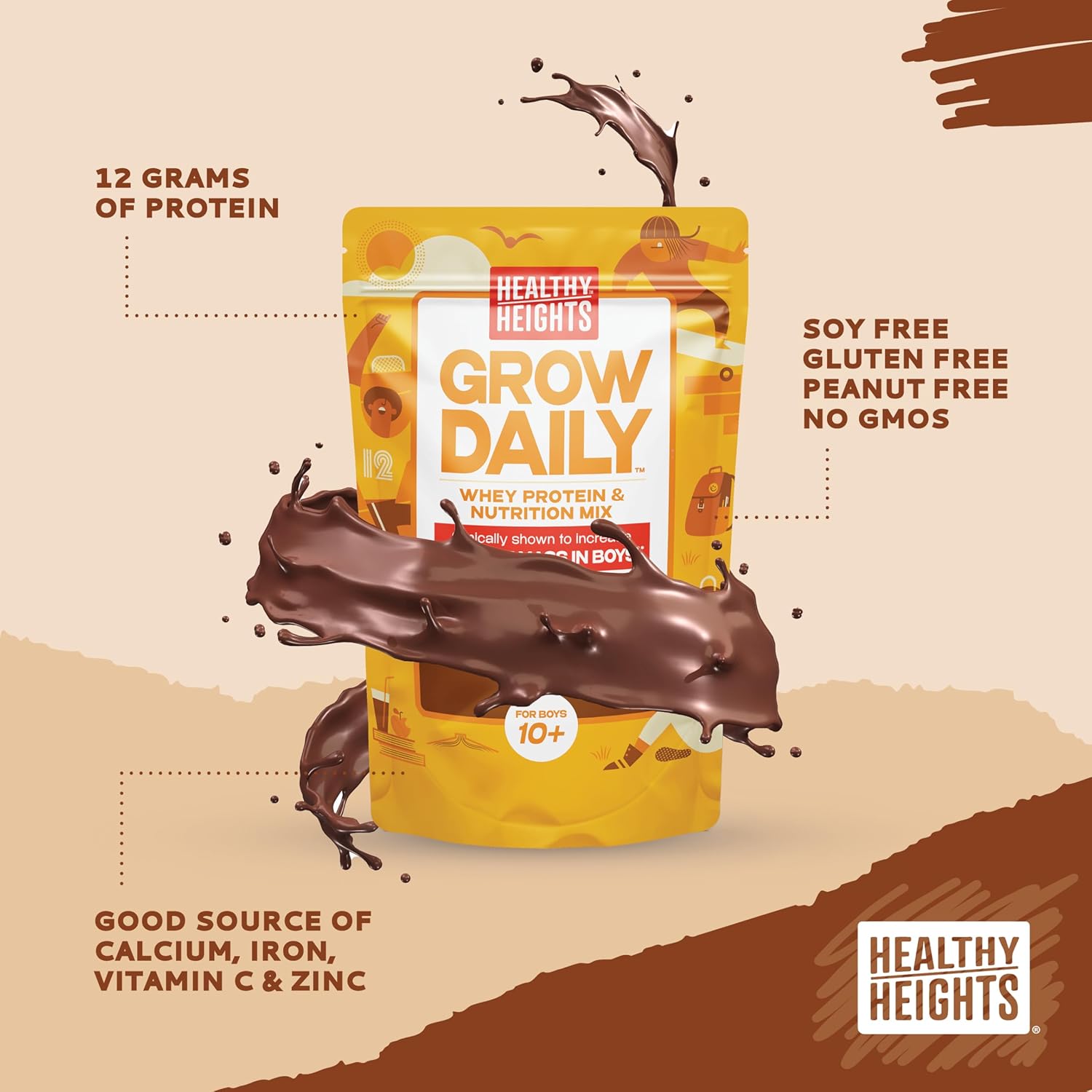 Chocolate Protein Shake for Boys 10+ - Healthy Heights Daily Kids Grow Mix with High Protein