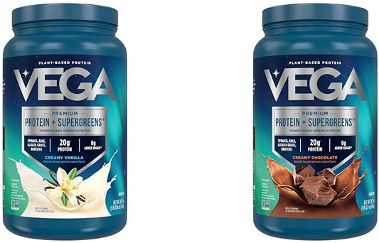 Chocolate & Vanilla Vega Protein & Greens Bundle - 25 Servings Each, Plant Based Powder for Keto, Gluten-Free, Vegan, Non-GMO, Dairy-Free, Soy-Free, Lactose-Free