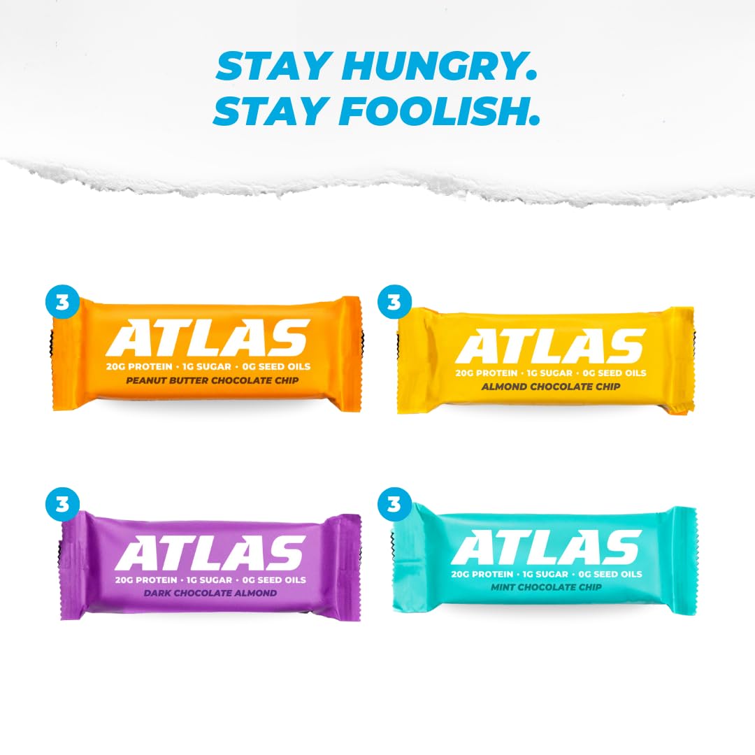 Chocolate Variety Atlas Protein Bars - 20g Protein, 1g Sugar, Clean Ingredients, Gluten Free - 12 Count Pack