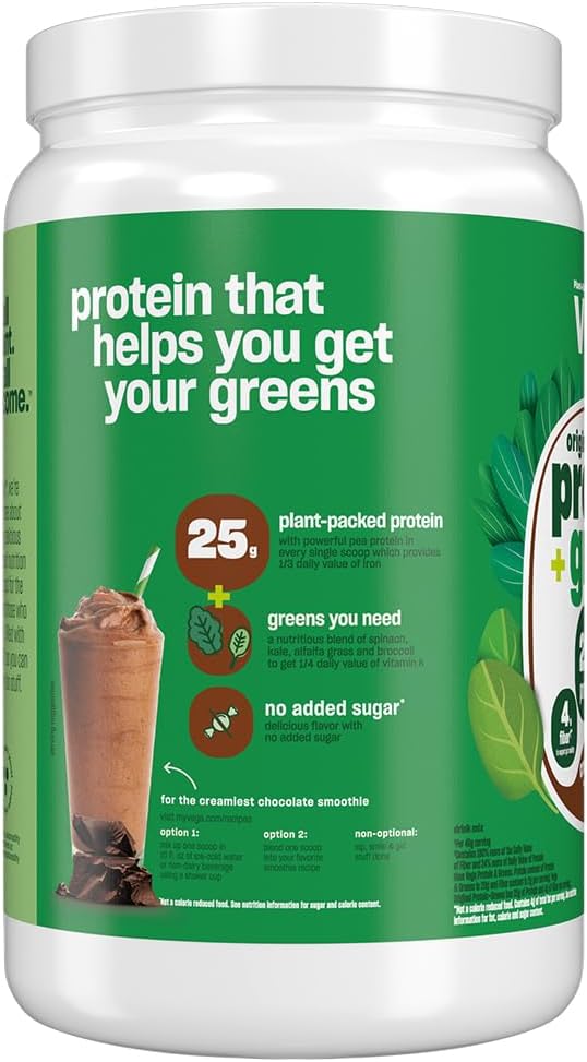 Chocolate Vega Protein and Greens Powder - 20g Plant-Based Protein with Veggies, Non-GMO, Vegan, Pea Protein - 1.3 lbs