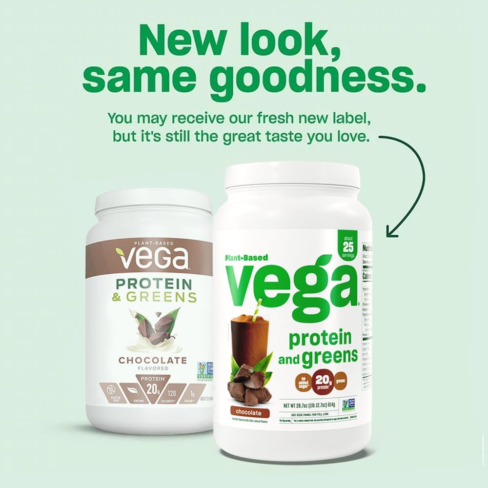 Chocolate Vega Protein and Greens Powder - 20g Plant-Based Protein with Veggies, Vegan & Non-GMO, Pea Protein for Men and Women - 1.2 lbs