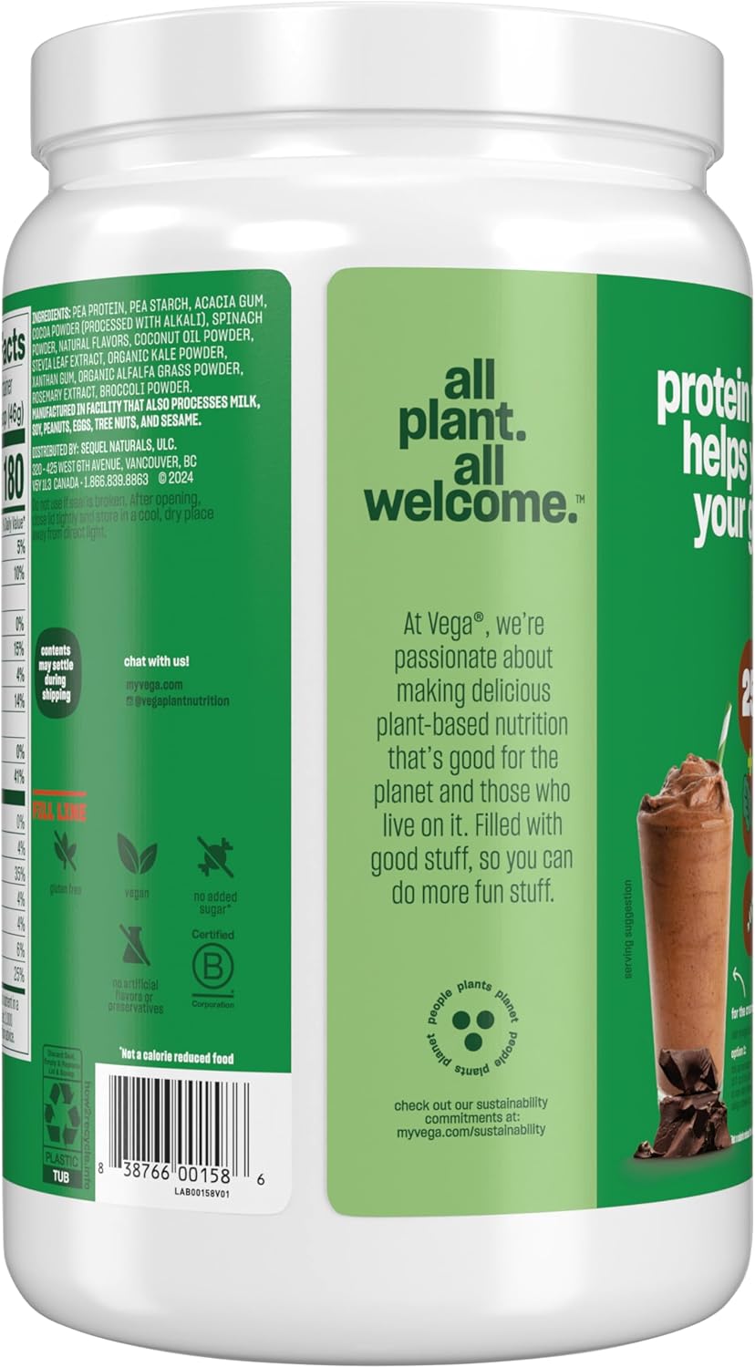 Chocolate Vega Protein and Greens Powder - 20g Plant-Based Protein with Veggies, Non-GMO, Vegan, Pea Protein - 1.3 lbs