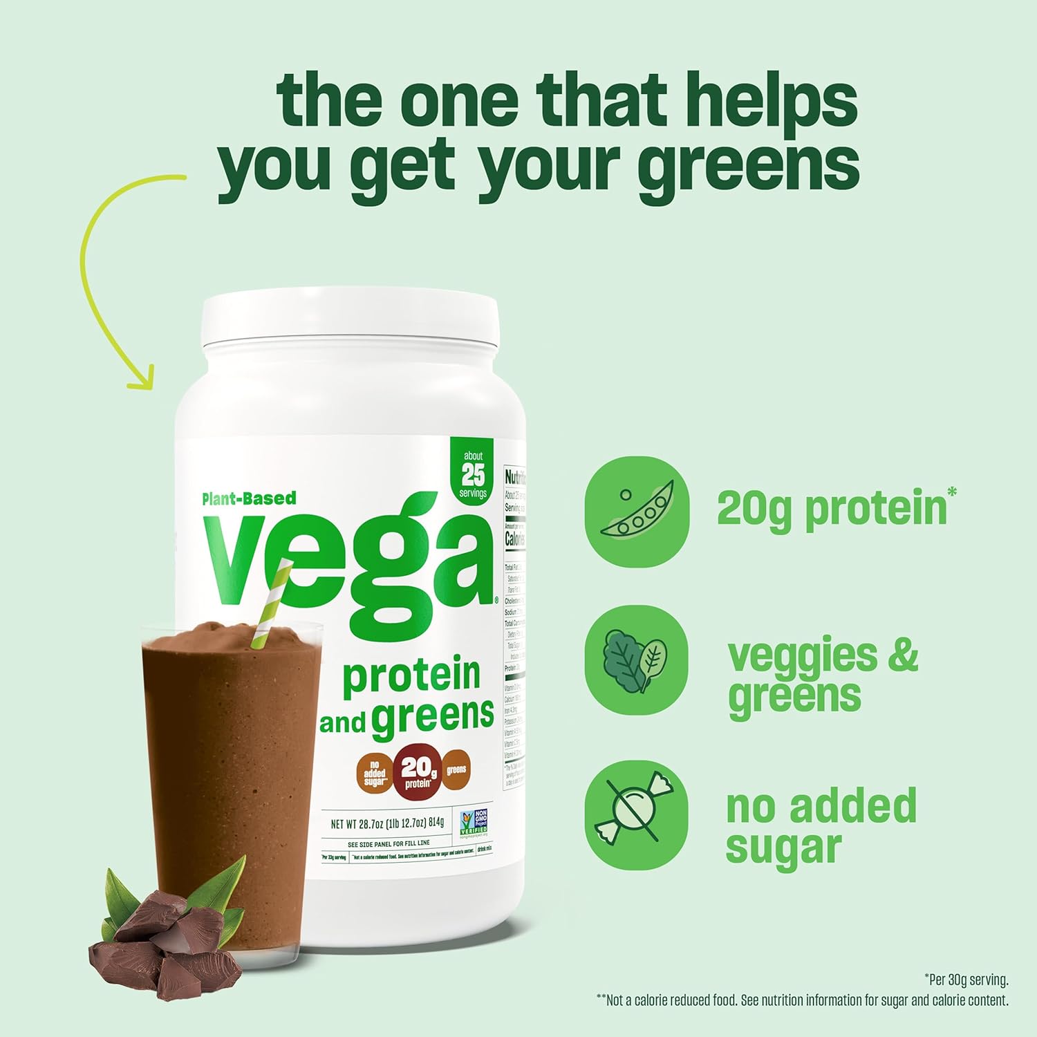 Chocolate Vega Protein and Greens Powder - 20g Plant-Based Protein with Veggies, Vegan & Non-GMO, Pea Protein for Men and Women - 1.2 lbs