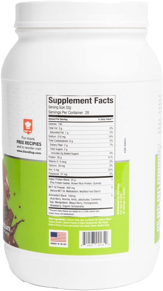 Chocolate Vegan Plant Protein Powder | Non GMO & Gluten Free | 20g Protein, 28 Servings | Low Carb BlendItUp