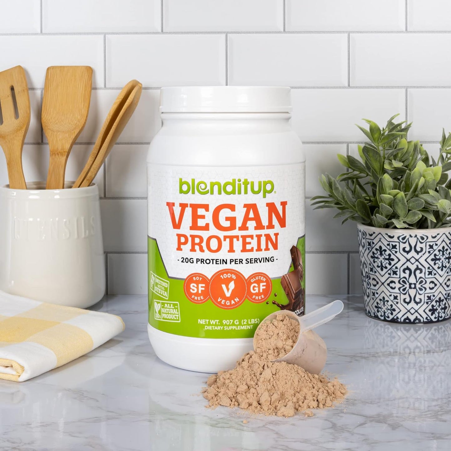 Chocolate Vegan Plant Protein Powder | Non GMO & Gluten Free | 20g Protein, 28 Servings | Low Carb BlendItUp