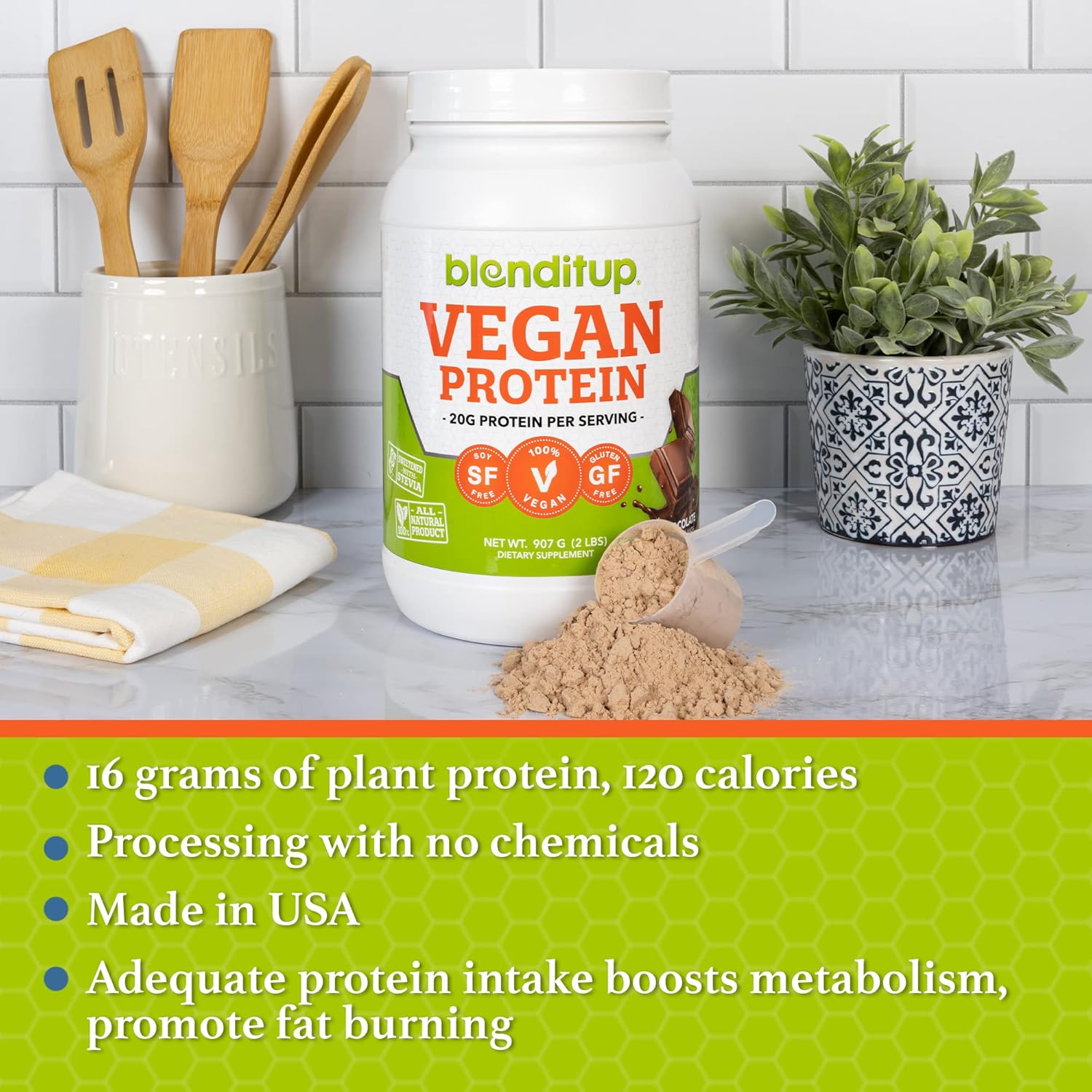 Chocolate Vegan Plant Protein Powder | Non GMO & Gluten Free | 20g Protein, 28 Servings | Low Carb BlendItUp