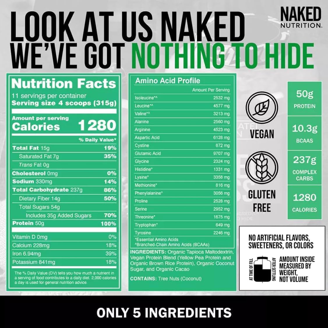 Chocolate Vegan Weight Gainer - Naked Nutrition Naked Mass - 8Lb Bulk, Non-GMO, Gluten-Free, Soy-Free, Dairy-Free - 1,280 Calories, No Artificial Ingredients