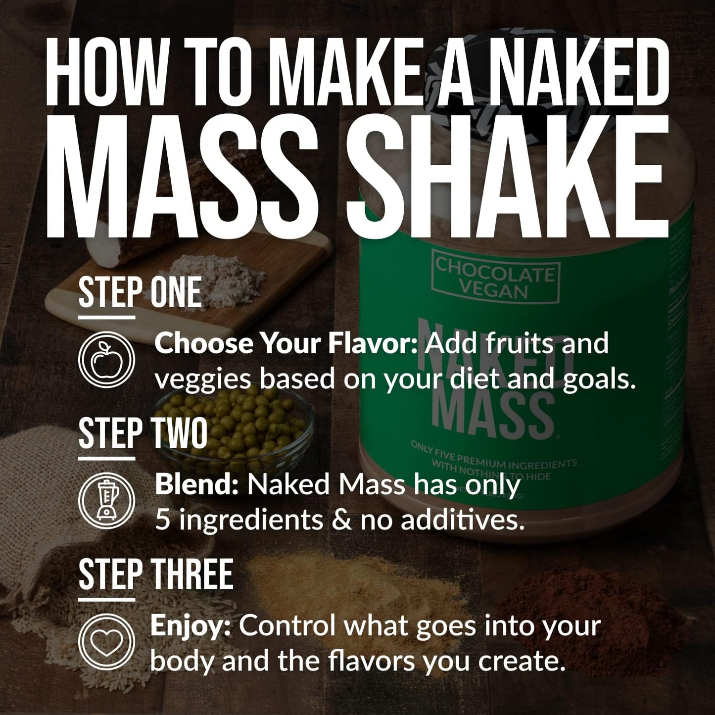 Chocolate Vegan Weight Gainer - Naked Nutrition Naked Mass - 8Lb Bulk, Non-GMO, Gluten-Free, Soy-Free, Dairy-Free - 1,280 Calories, No Artificial Ingredients